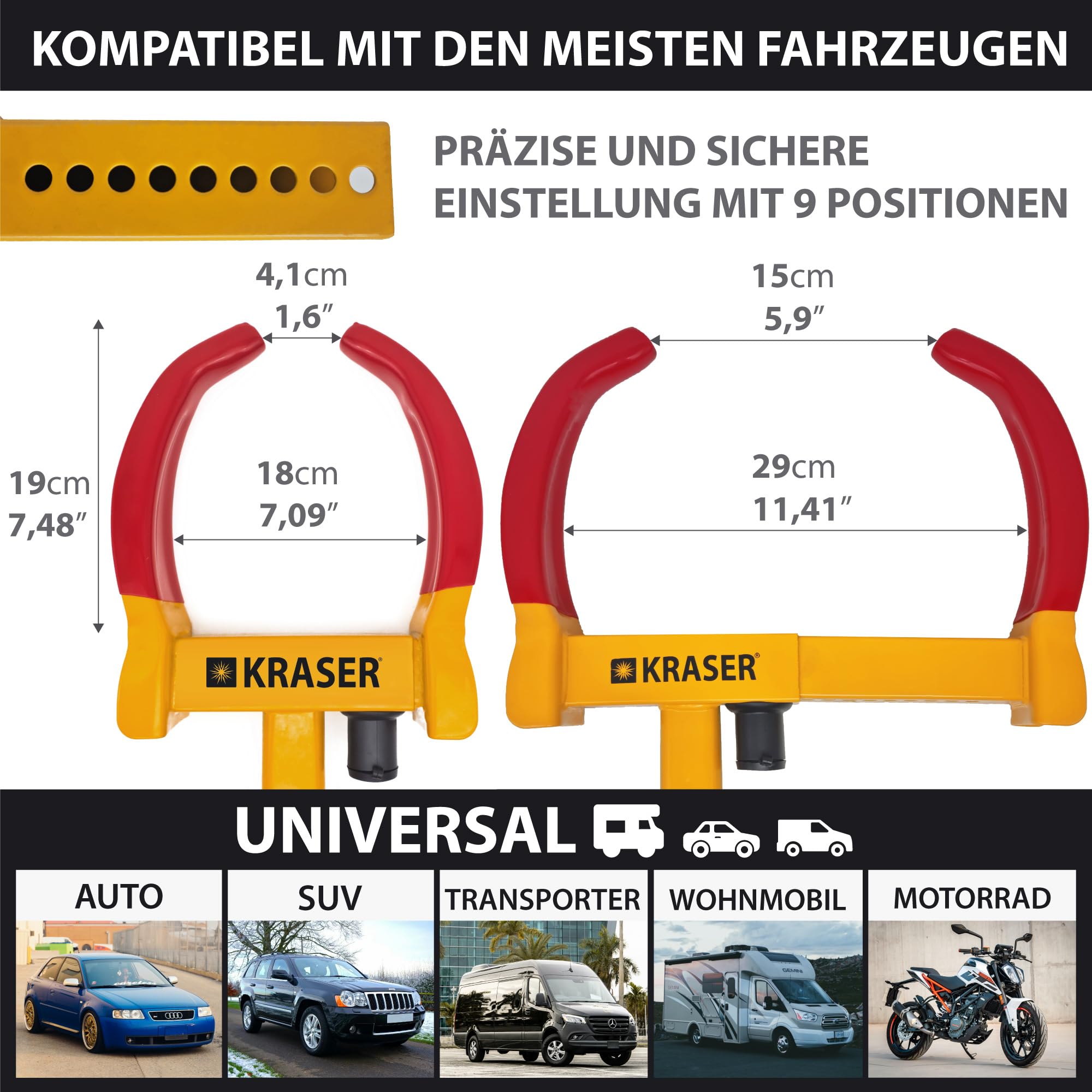 KRASER WA820 Hohe Sicherheit Radkralle Wohnwagen, Testsieger Parkkralle mit Anti-Bohrschloss Wegfahrsperre, Reifenkralle, Diebstahlsicherung Universal für Auto PKW Wohnmobile Anhänger Motorrad