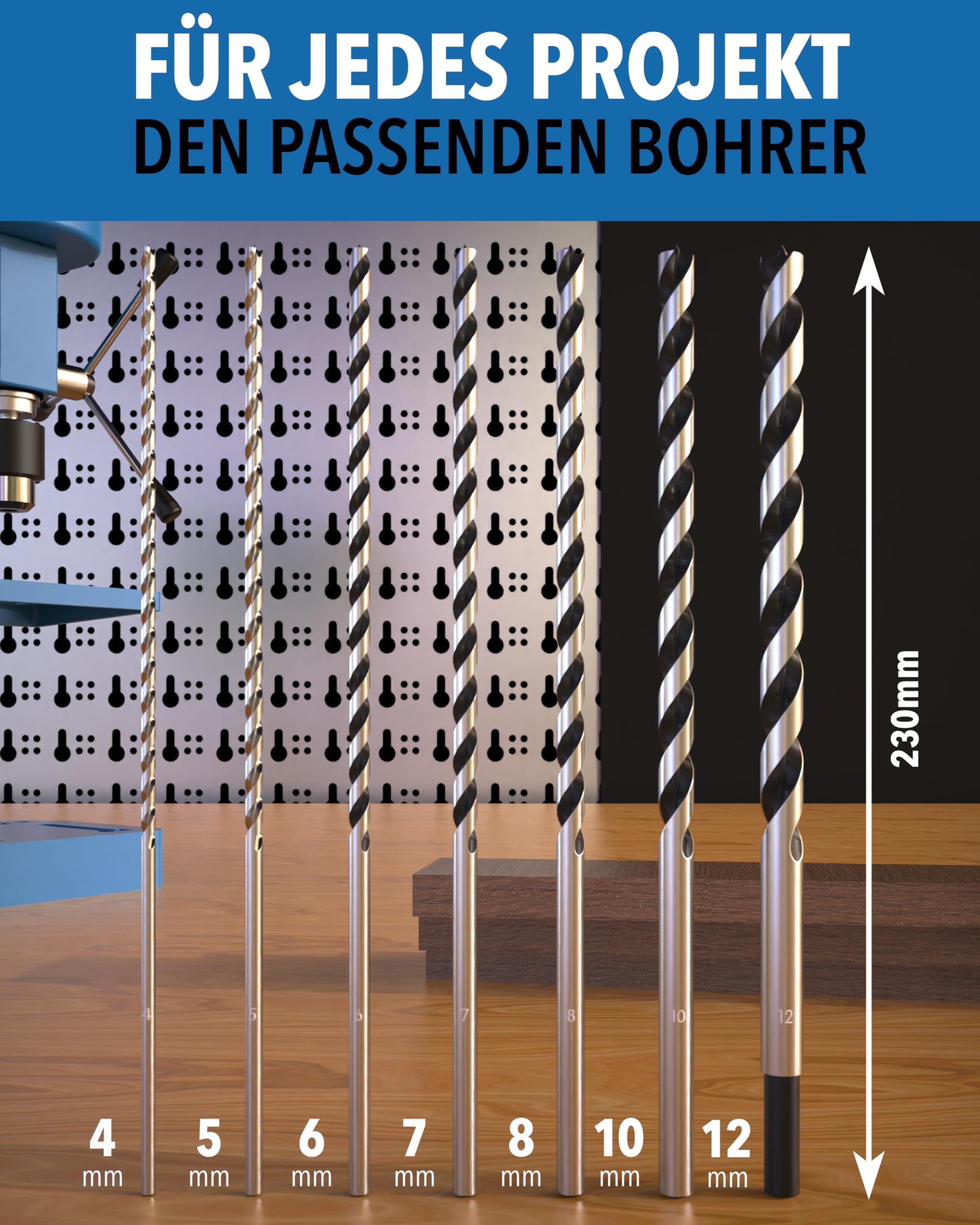 Holzbohrer Set lang Profi - [7-teilig inkl. Tasche] - Schlangenbohrer Ø 4mm, 5mm, 6mm, 7mm, 8mm, 10mm, 12mm x 230mm, lange Schalungsbohrer, Balkenbohrer, langer Holzspiralbohrer, Langbohrer