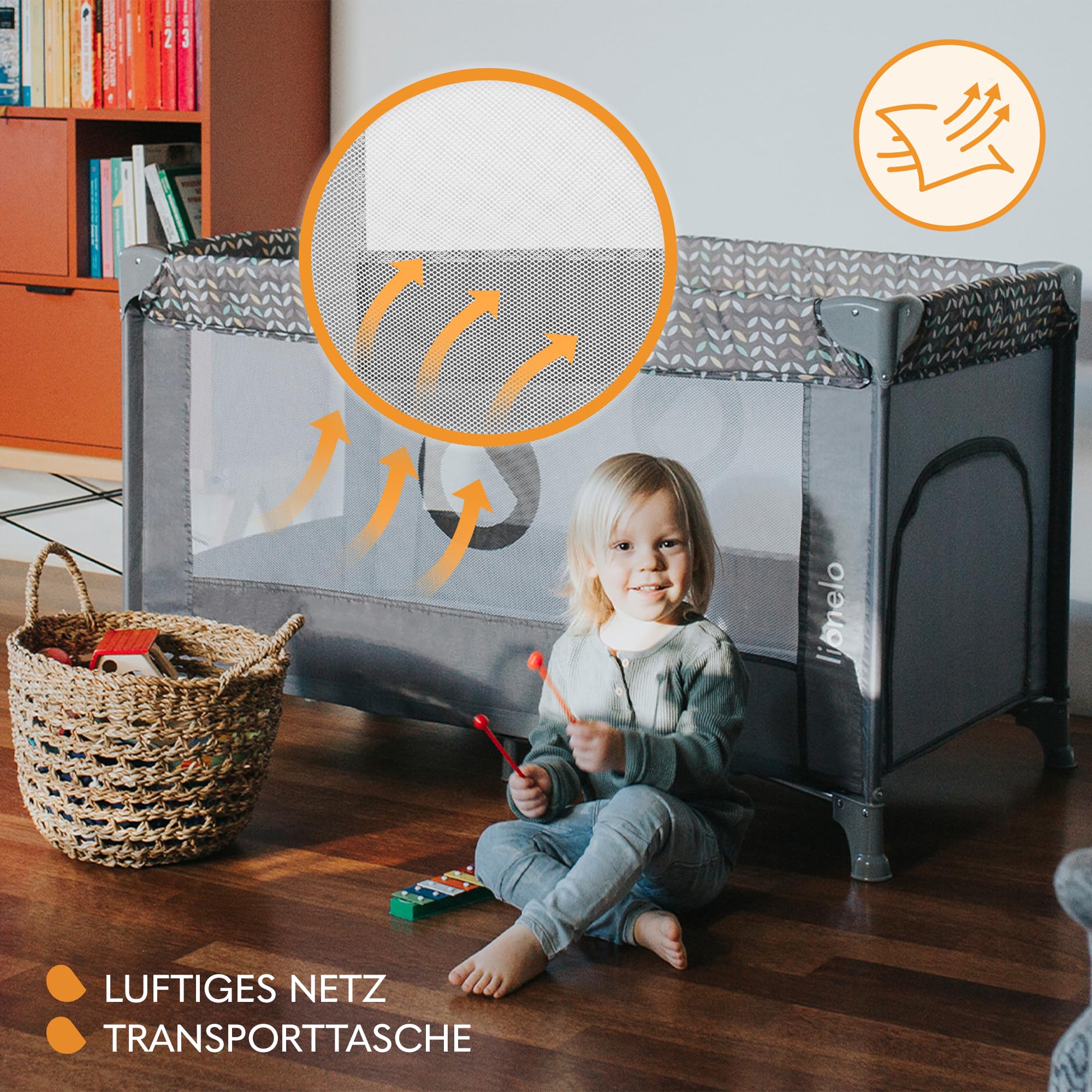 Lionelo Stefi Baby Kinderbett, Reisebett ab Geburt bis 15 kg, Seiteneingang, Sicherungssystem LockGuard, Blockade der Räder, Tragetasche, zusammenklappbar