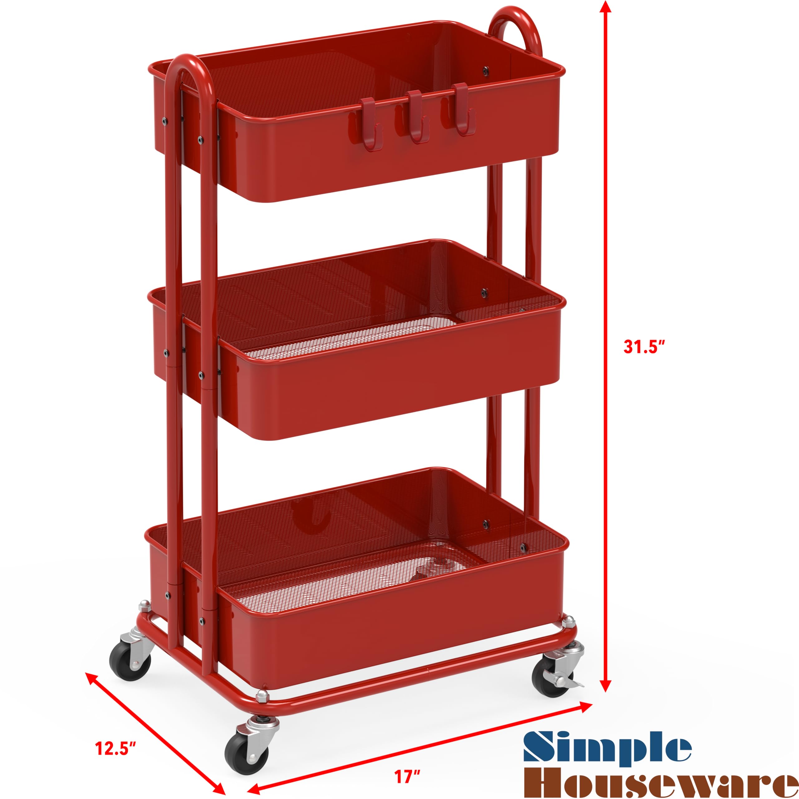 Simple Houseware Hochleistungs-Rollwagen mit 3 Ebenen aus Metall, Rot