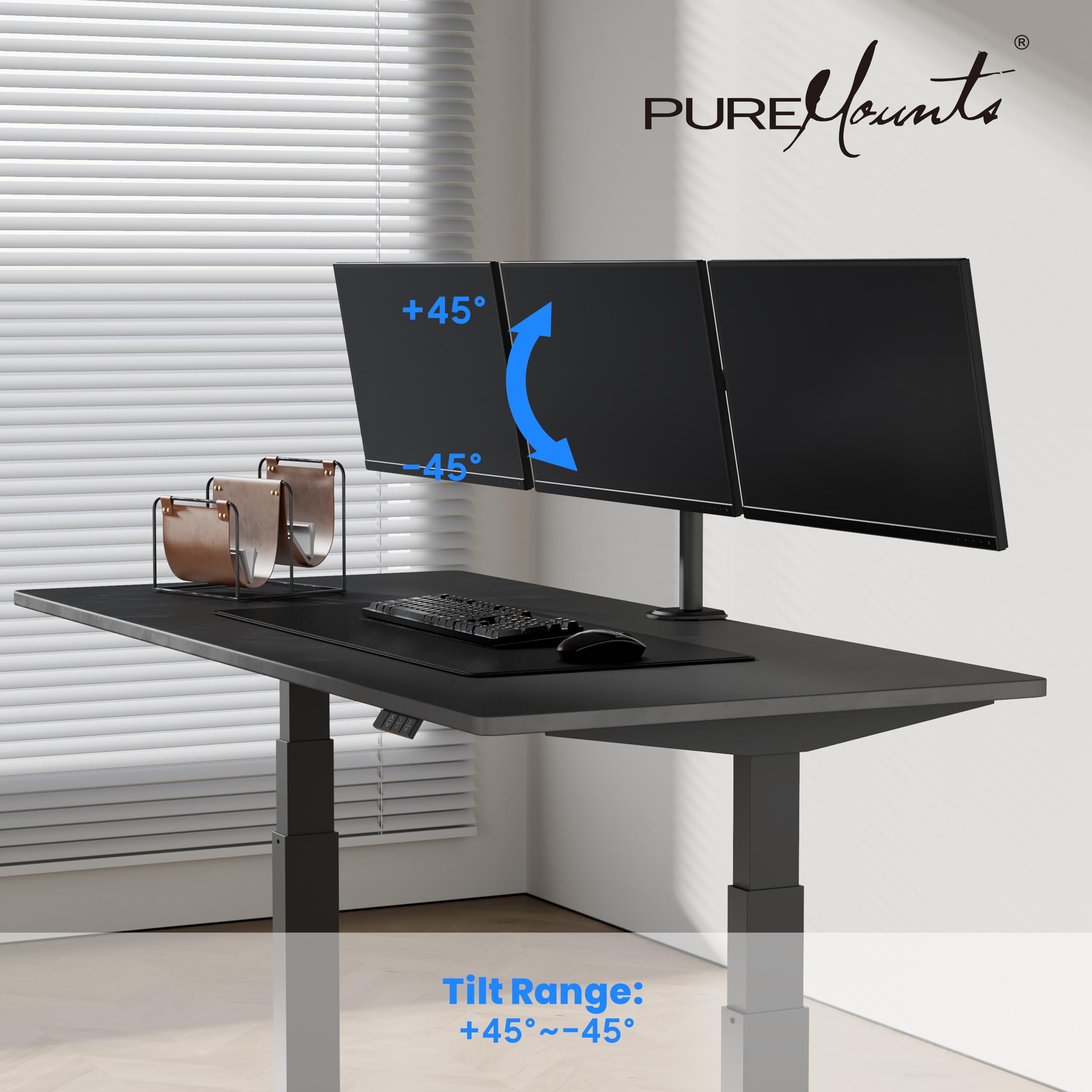 PureMounts Monitor Halterung, Monitorhalterung für 3 Bildschirme, 17 bis 27 Zoll, höhenverstellbar neigbar schwenkbar, VESA 75 und 100, Tischhalterung, Bildschirmhalter Triple, Schwarz