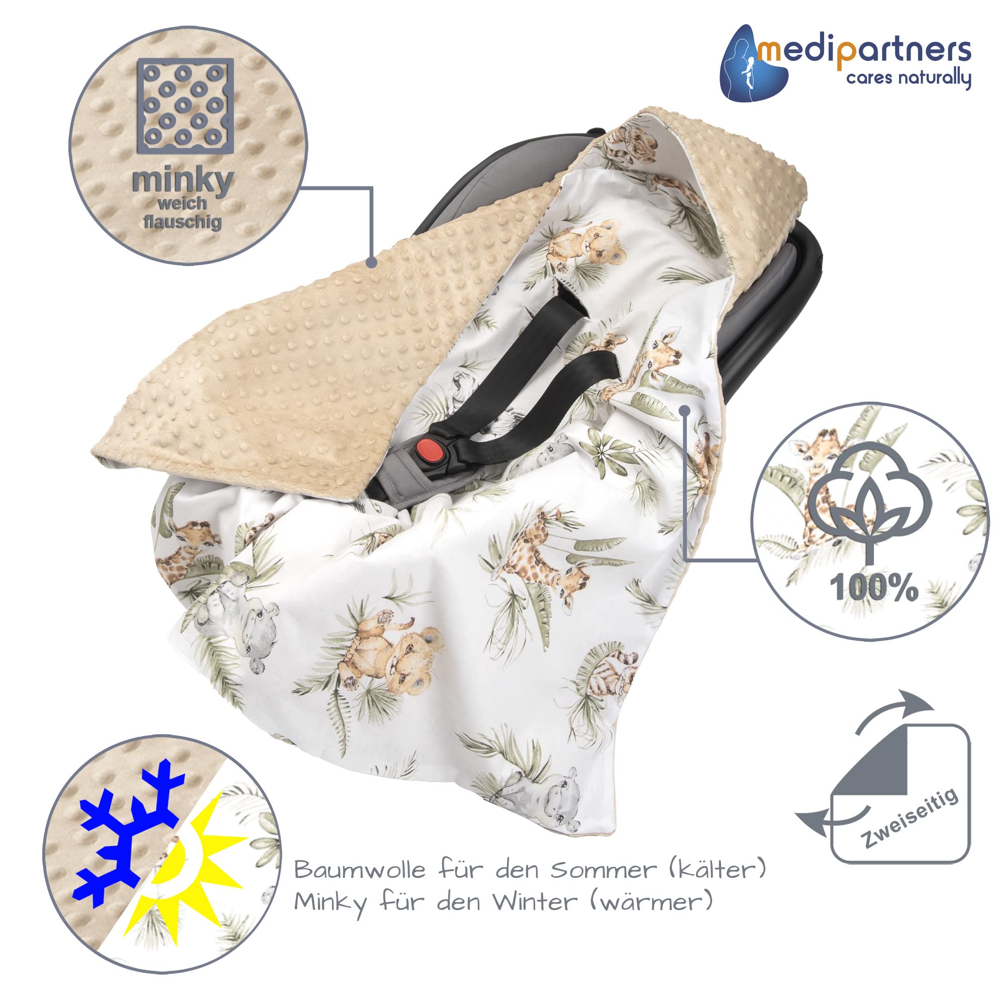 Medi Partners Einschlagdecke Baby Babyschale 100% Baumwolle für Sommer 85x85cm Kinderwagen Kuscheldecke universal Baby Decke Einschlagdecken Babydecke Buggy Autositz (Safari mit beigem Minky)
