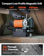 VEVOR Magnetbohrmaschine mit niedrigem Profil, 1300 W, 35 mm Bohrdurchmesser, 10000 N Leistung, tragbare Magnetbohrmaschine mit Weldon-Schaft, für Metalloberflächen Industrie Heimwerker