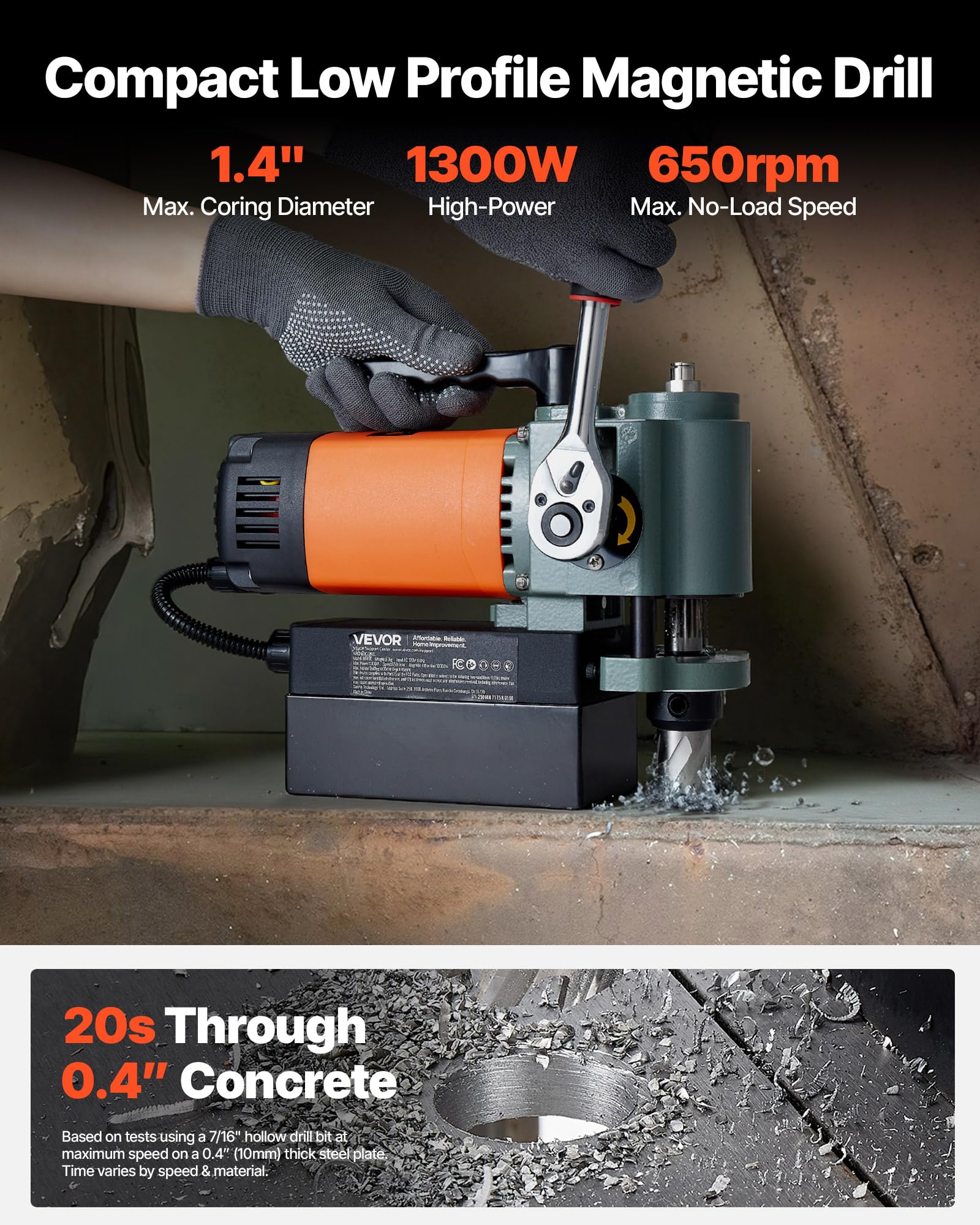 VEVOR Magnetbohrmaschine mit niedrigem Profil, 1300 W, 35 mm Bohrdurchmesser, 10000 N Leistung, tragbare Magnetbohrmaschine mit Weldon-Schaft, für Metalloberflächen Industrie Heimwerker