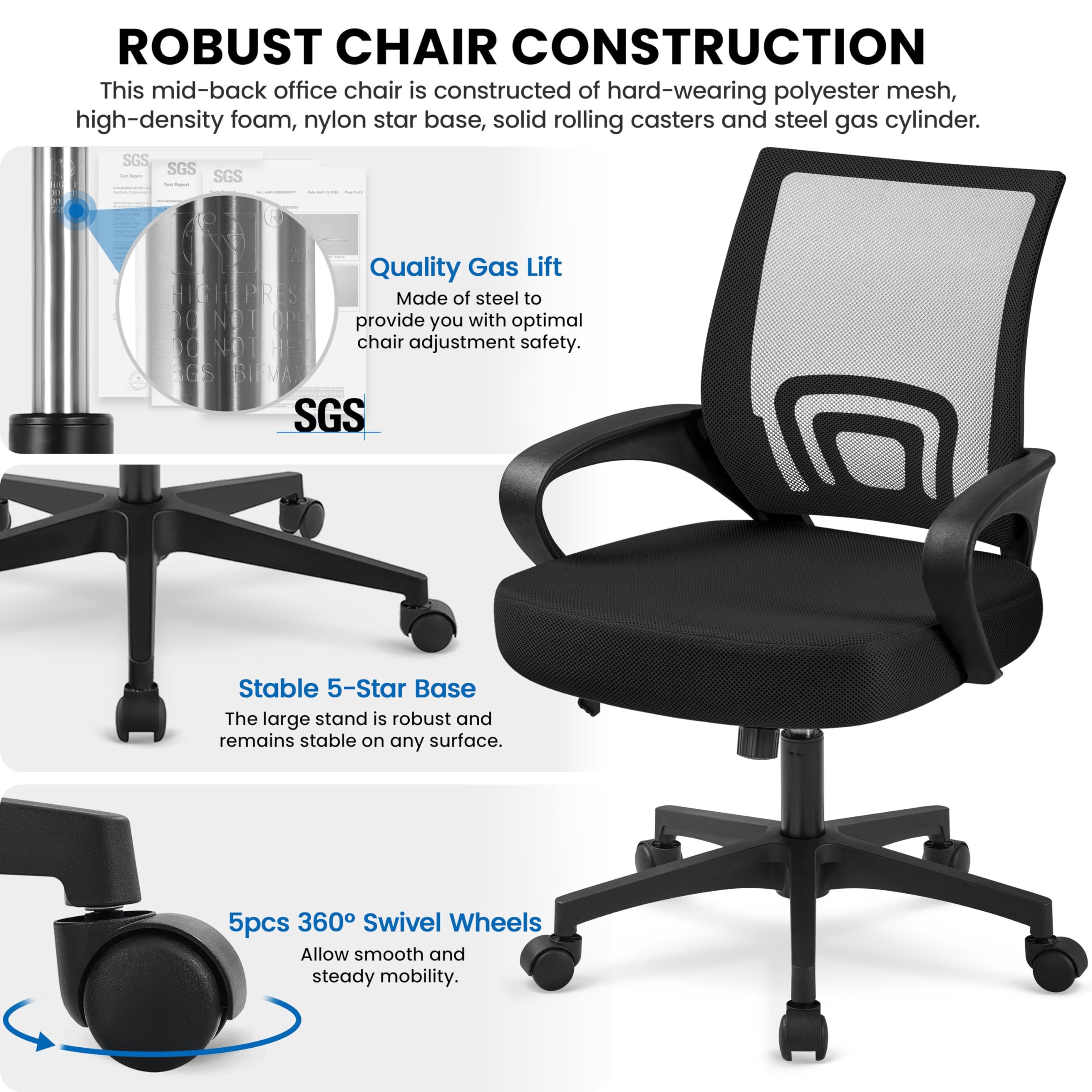 Yaheetech Bürostuhl Ergonomisch, Schreibtischstuhl mit Netzbespannung und Armlehnen, Drehstuhl aus Mesh, Chefsessel Wippfunktion, Höhenverstellbar Rückenschonend bis 136kg Belastbar, Schwarz