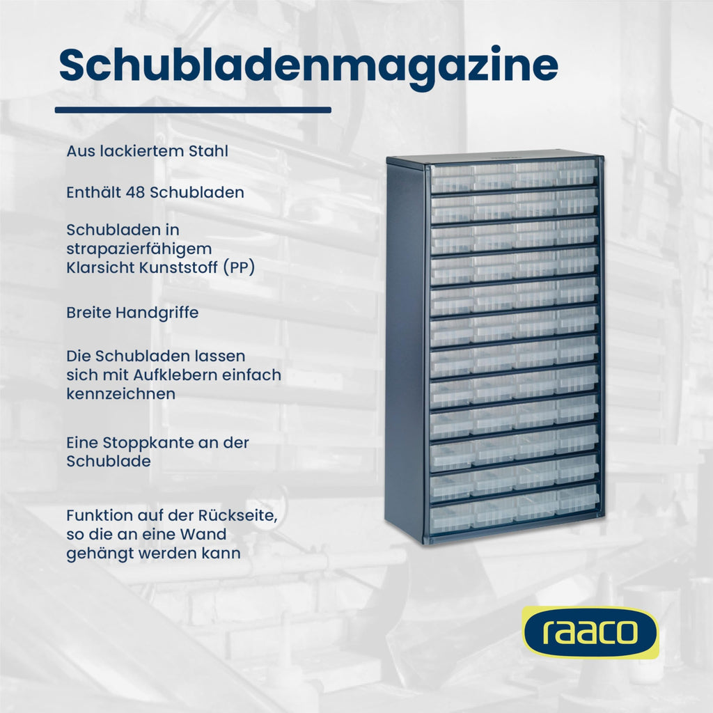 raaco Kleinteilemagazin C12-48 mit 48 Schubladen, Tragkraft 39.6 kg, 15 x 30.6 x 55.2 cm, geeignet für Wandmontage, Schraubenregal für Kleinteile für Werkstatt Ordnungssystem