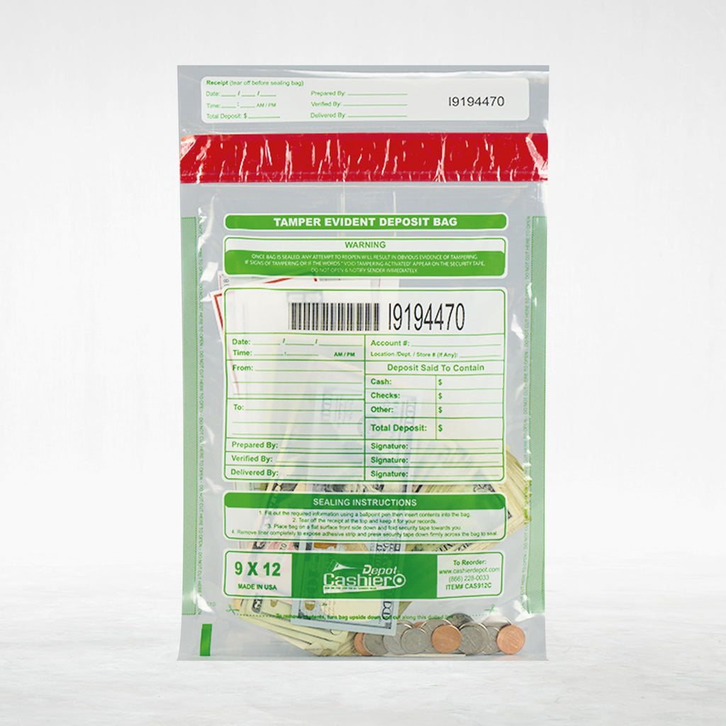 Cashier Depot Manipulationssichere Bankeintüten, 22,9 x 30,5 cm, transparent, serialisierte Nummerierung, Barcode, Press- & Seal Void Verschlussband