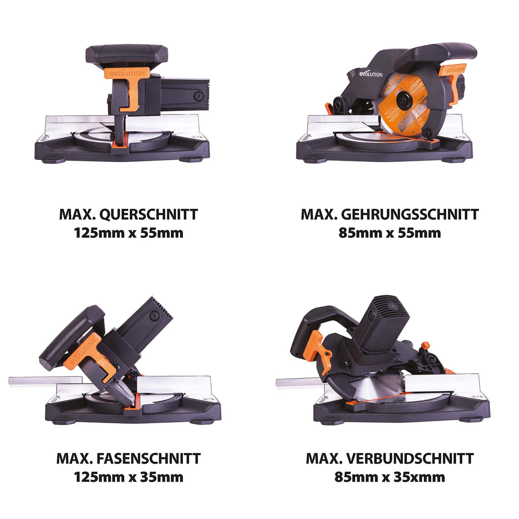 Evolution Gehrungssäge R210CMS | 1200 W Gehrungssäge | Inkl. Ø 210 mm HM-Sägeblatt Multi-Material-Schneiden Holz, Aluminium, Stahl, Kunststoff | 0°- 45° Fase und 45°- 45° Gehrungswinkel | Kappsäge