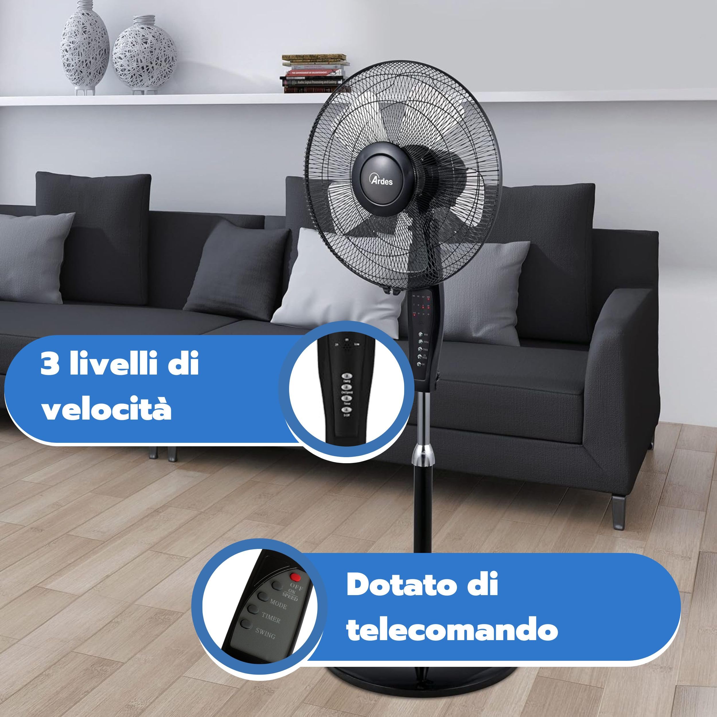 ARDES - AR5S40PBR Standventilator, mit Fernbedienung und Timer, leise und leistungsstark, 5 Flügel, 40 cm, oszillierend, mit verstellbarer Höhe und Neigung, 3 Geschwindigkeitsstufen