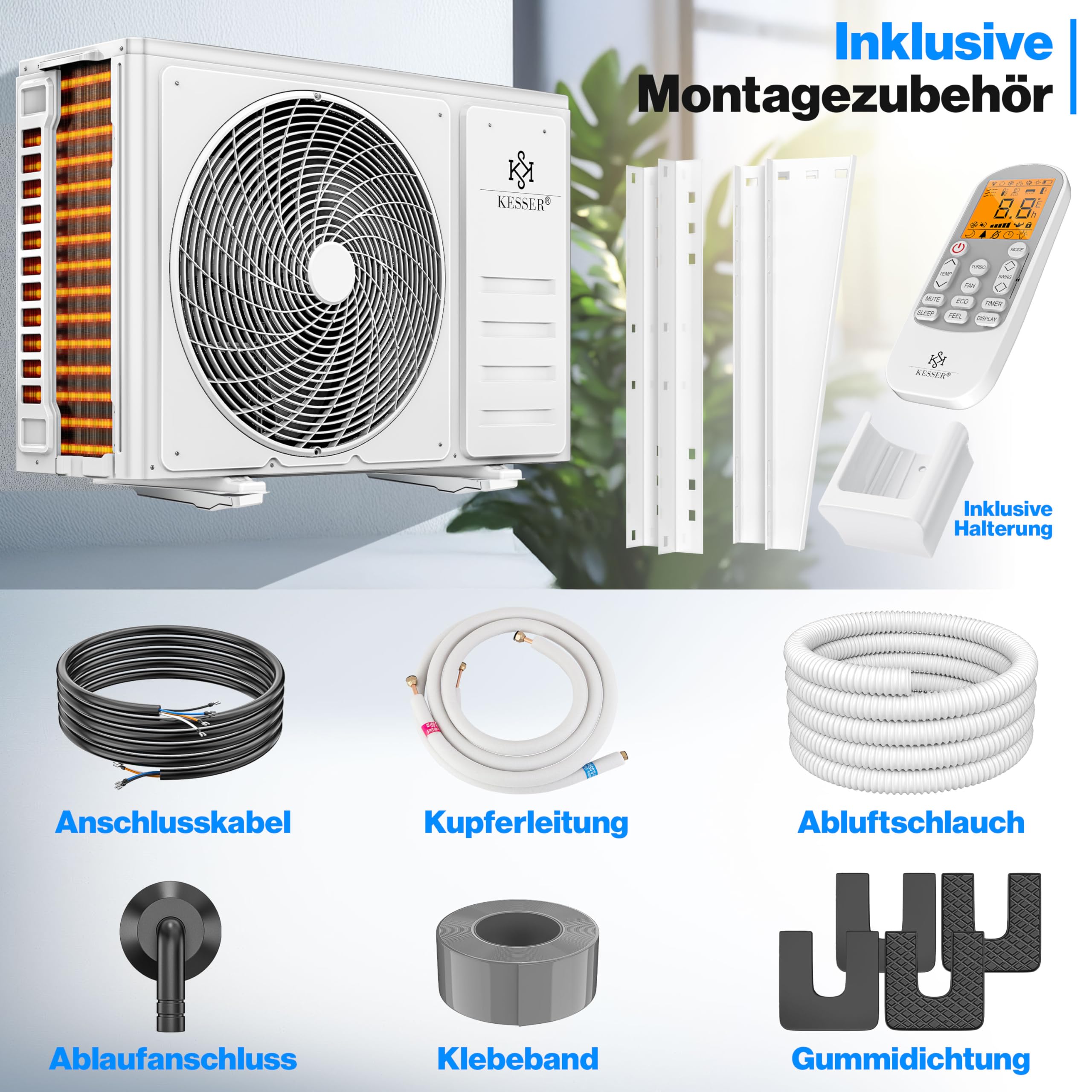 KESSER® Klimaanlage Set Split - mit WiFi/App Funktion Klimagerät - Kühlen A++/ Heizen A+ - 9000 BTU/h (2.600 Watt) Sehr Leise, Kältemittel R32 - Fernbedienung, Timerfunktion - Inkl. Montagematerial