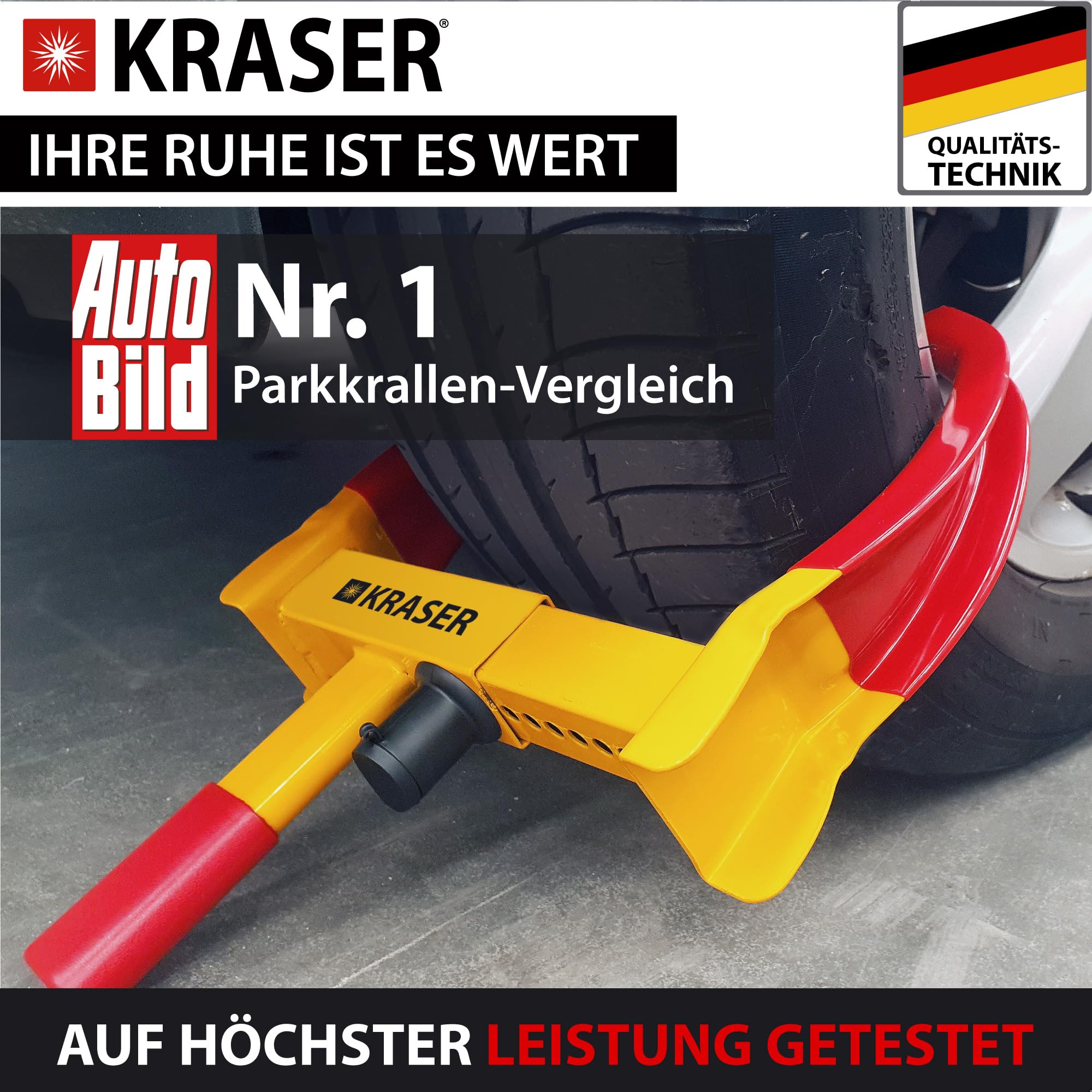 KRASER WA820 Hohe Sicherheit Radkralle Wohnwagen, Testsieger Parkkralle mit Anti-Bohrschloss Wegfahrsperre, Reifenkralle, Diebstahlsicherung Universal für Auto PKW Wohnmobile Anhänger Motorrad