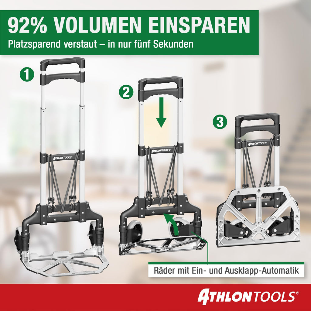 ATHLON TOOLS Aluminium Transportkarre klappbar TÜV geprüft – Langer Teleskopgriff 110 cm, Anti-Rutsch-Pads, Soft-Laufräder, inkl. 2 Expanderseile