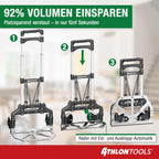 ATHLON TOOLS Aluminium Transportkarre klappbar TÜV geprüft – Langer Teleskopgriff 110 cm, Anti-Rutsch-Pads, Soft-Laufräder, inkl. 2 Expanderseile