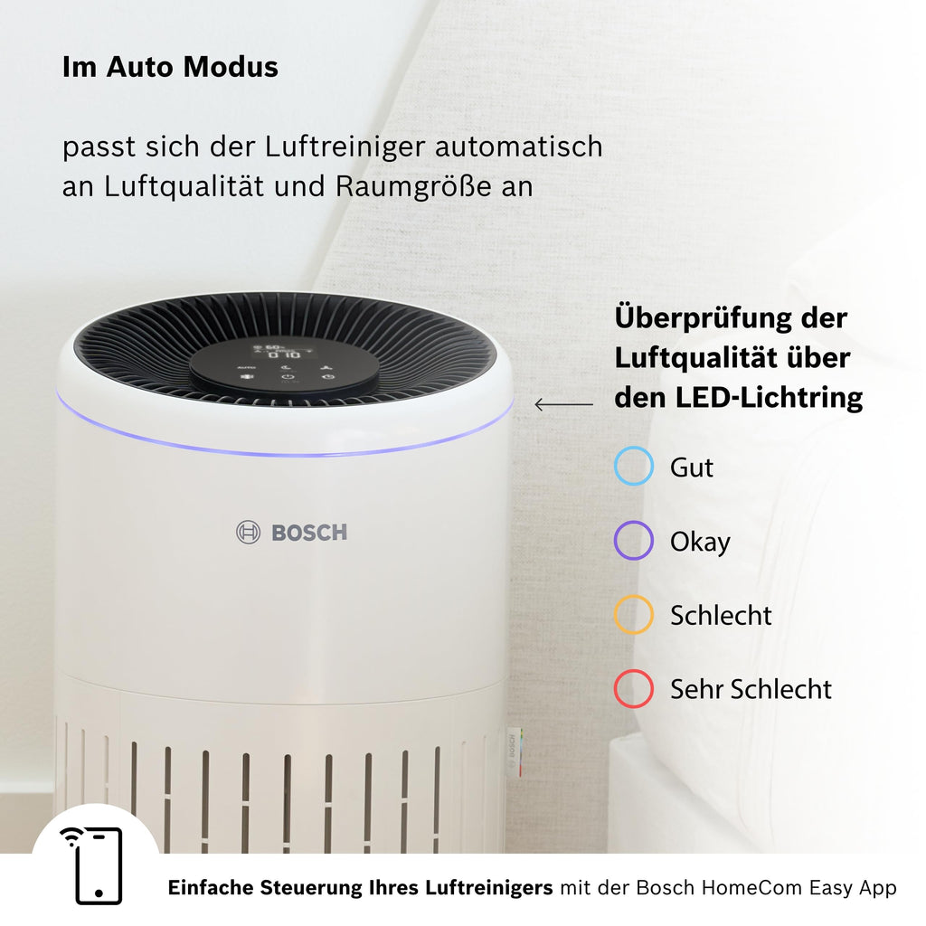 Bosch Air 4000i App-gesteuerter Luftreiniger - Für Räume bis zu 62,5 m² - Entfernt Schadstoffe - Mit 3-in-1 Luftfilter, Smart Sensor, Automatikmodus, Ruhemodus (< 25 dB(A)) - CADR: 300 m³/h
