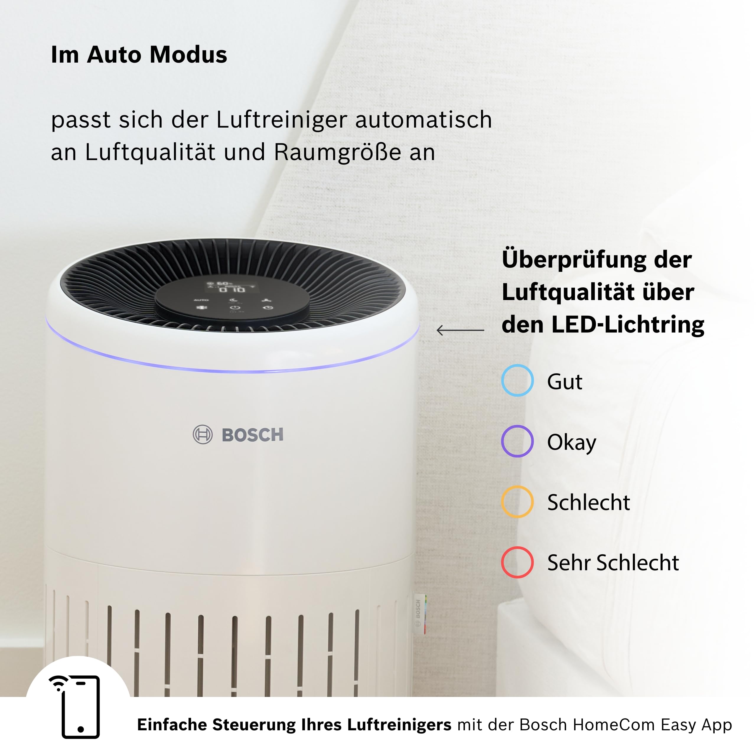 Bosch Air 4000i App-gesteuerter Luftreiniger - Für Räume bis zu 62,5 m² - Entfernt Schadstoffe - Mit 3-in-1 Luftfilter, Smart Sensor, Automatikmodus, Ruhemodus (< 25 dB(A)) - CADR: 300 m³/h
