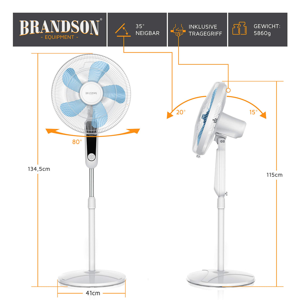 Brandson - Standventilator Silent mit Fernbedienung und Display - mobiler Lüfter - Oszillation 80° - 60 Watt - Ventilator leise - Höhe verstellbar 115-134 cm - Kopf um 35° neigbar