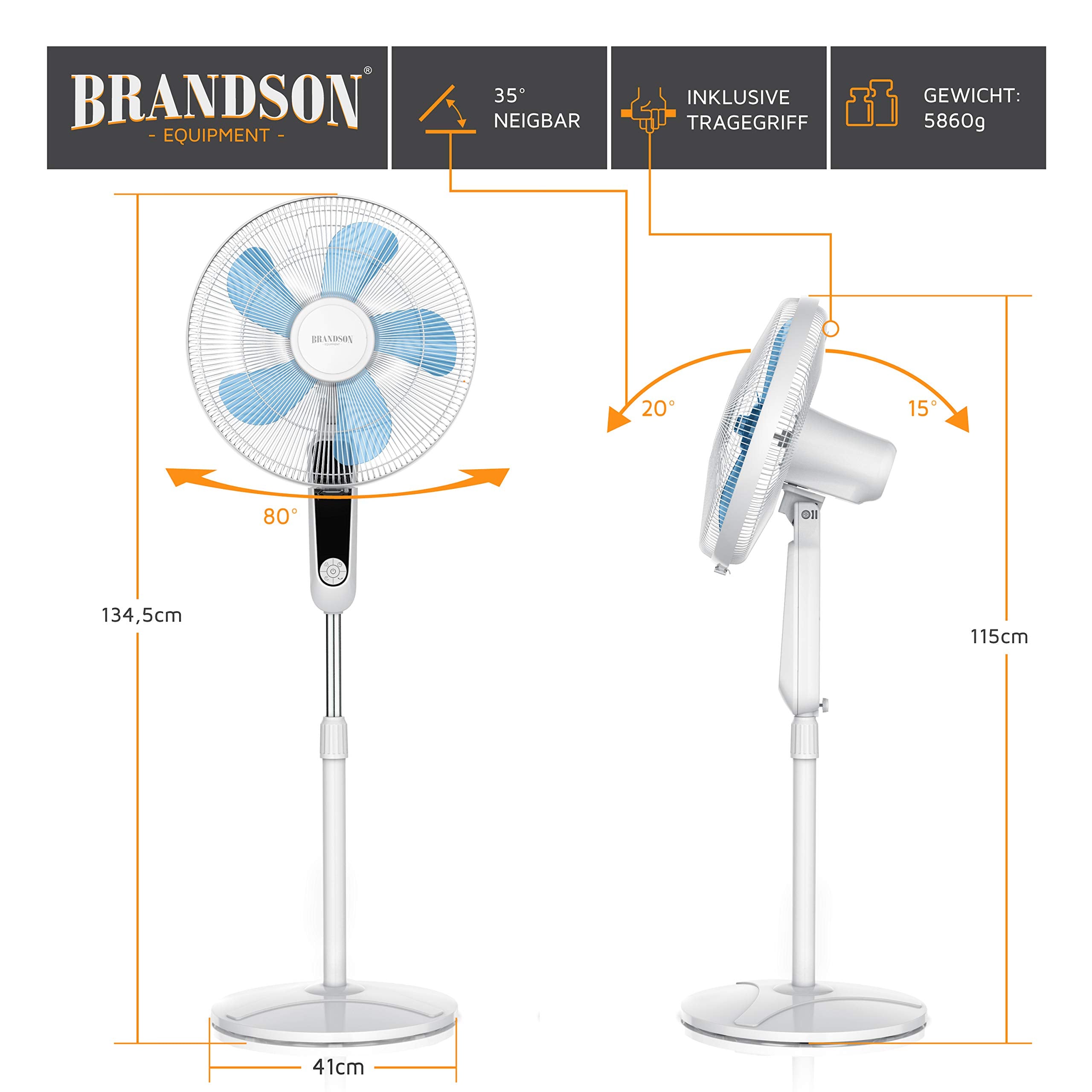 Brandson - Standventilator Silent mit Fernbedienung und Display - mobiler Lüfter - Oszillation 80° - 60 Watt - Ventilator leise - Höhe verstellbar 115-134 cm - Kopf um 35° neigbar