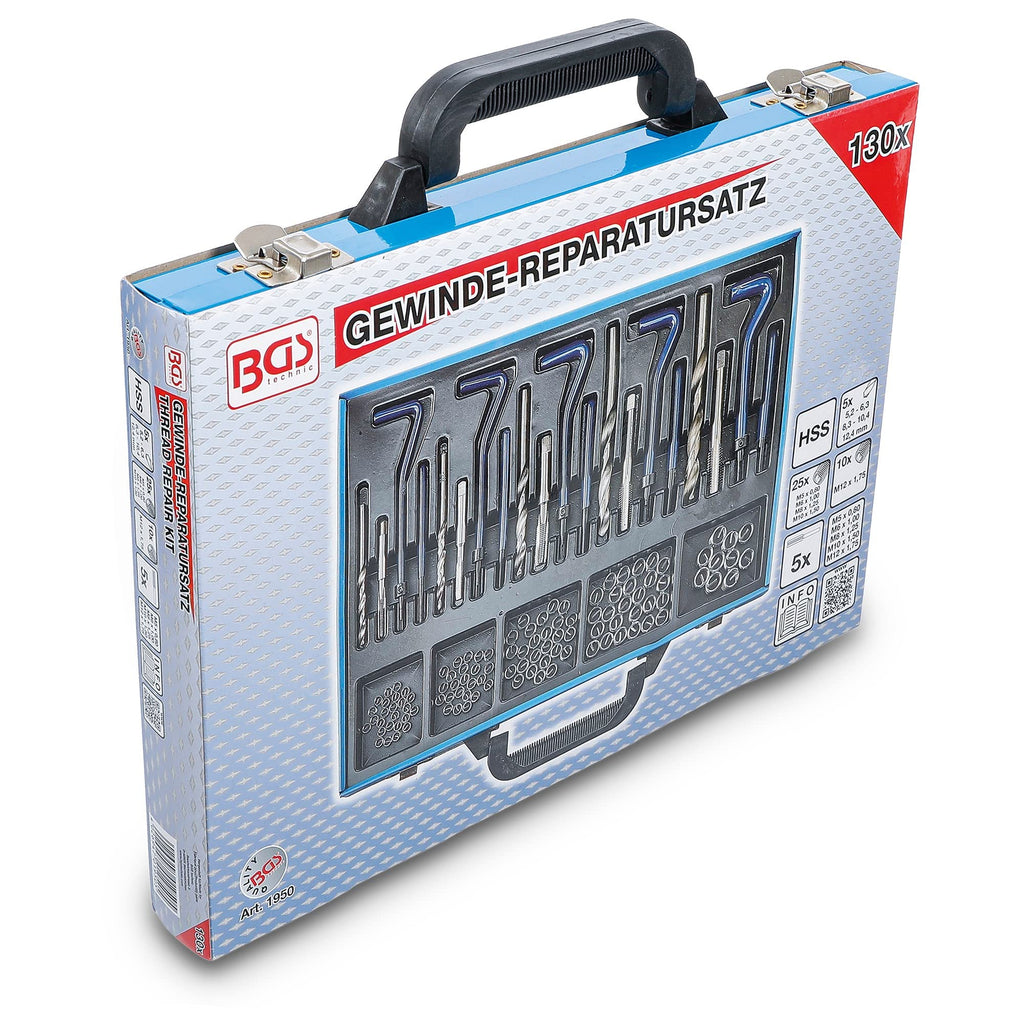 BGS 1950 | Gewinde-Reparatursatz | 130-tlg. | M5 - M12 | metrisch | Gewindeeinsätze aus Edelstahl | inkl. Metallkassette