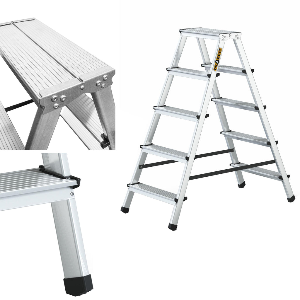 DRABEST Klappleiter Klapptritt Alu Leiter 2 x 5 Stufen Trittleiter Beidseitig Mehrzweckleiter bis 125 kg Belastbar Leiter