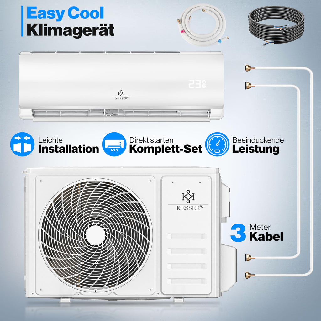 KESSER® Klimaanlage Set Split - mit WiFi/App Funktion Klimagerät - Kühlen A++/ Heizen A+ - 9000 BTU/h (2.600 Watt) Sehr Leise, Kältemittel R32 - Fernbedienung, Timerfunktion - Inkl. Montagematerial