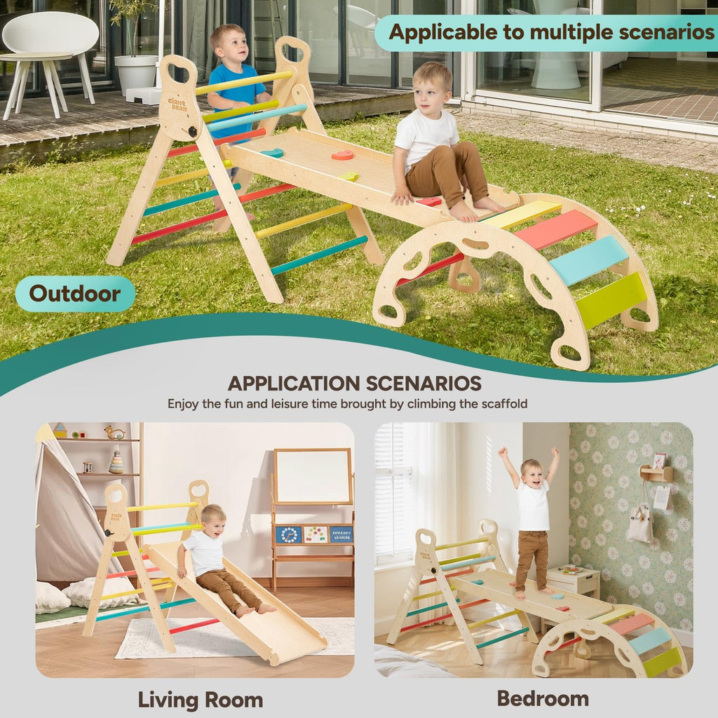 Giant bean 5-in-1 Montessori Kletterdreieck mit Kletterbogen und Rutsche, Holzdreieck für Kleinkinder ab 2-5, Indoor Kletterspielzeug, Regenbogen mit Griff (M)