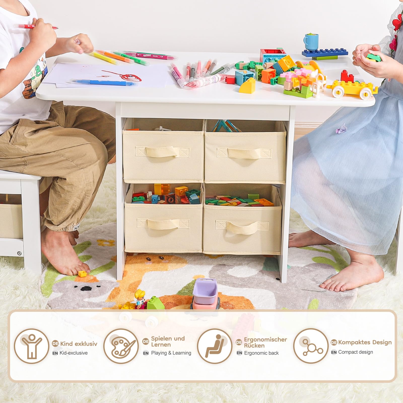 Yorbay Kindertisch mit 2 Stühle, Kinderaktivitätstisch mit Stauraum, 3tlg Kindersitzgruppe, Sitzgruppe für Kinder, Maltisch für Kinderzimmer, Spielzimmer, Vorschüler, Kindermöbel (Weiß)