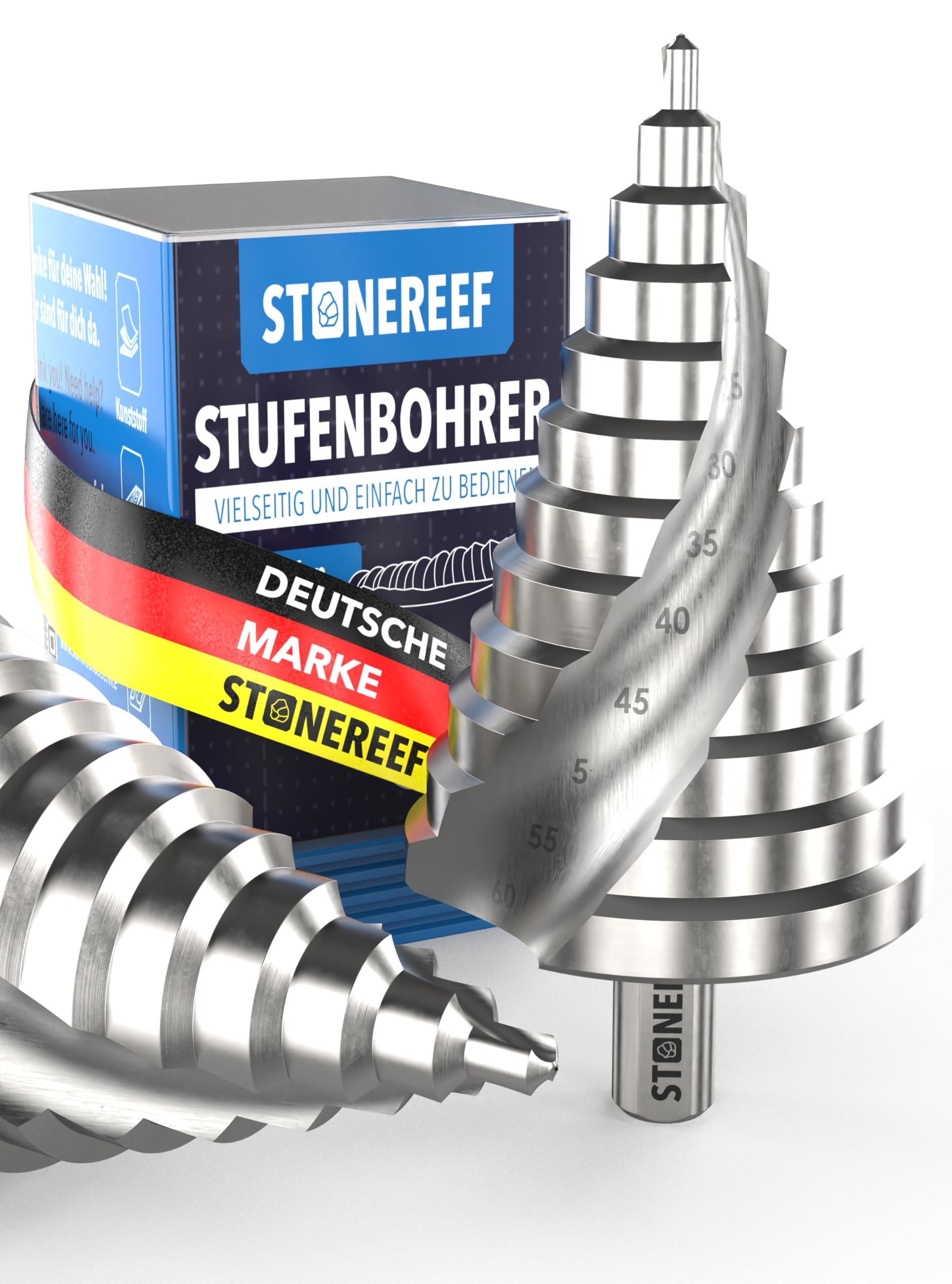 Stufenbohrer 6–60 mm aus HSS 4241 – Spiralnut mit 12 mm Schaft – Kegelbohrer Schälbohrer für Metall Kunststoff Holz – extra großer Lochbohrer für präzise Bohrungen