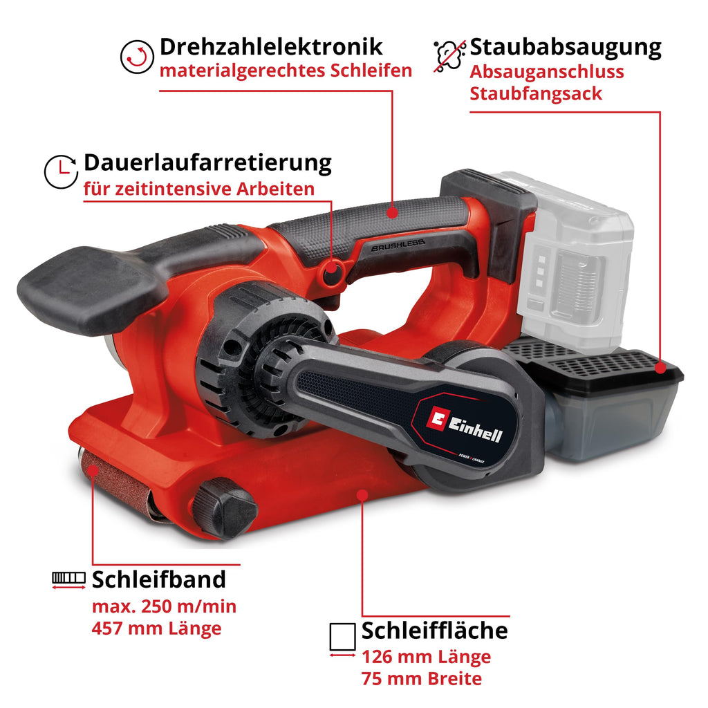 Einhell Professional Akku-Bandschleifer TP-BS 18/457 Li BL-Solo Power X-Change (18 V, Brushless-Motor, inkl. 3x P80 Schleifband 457x75 mm, ohne Akku & Ladegerät)