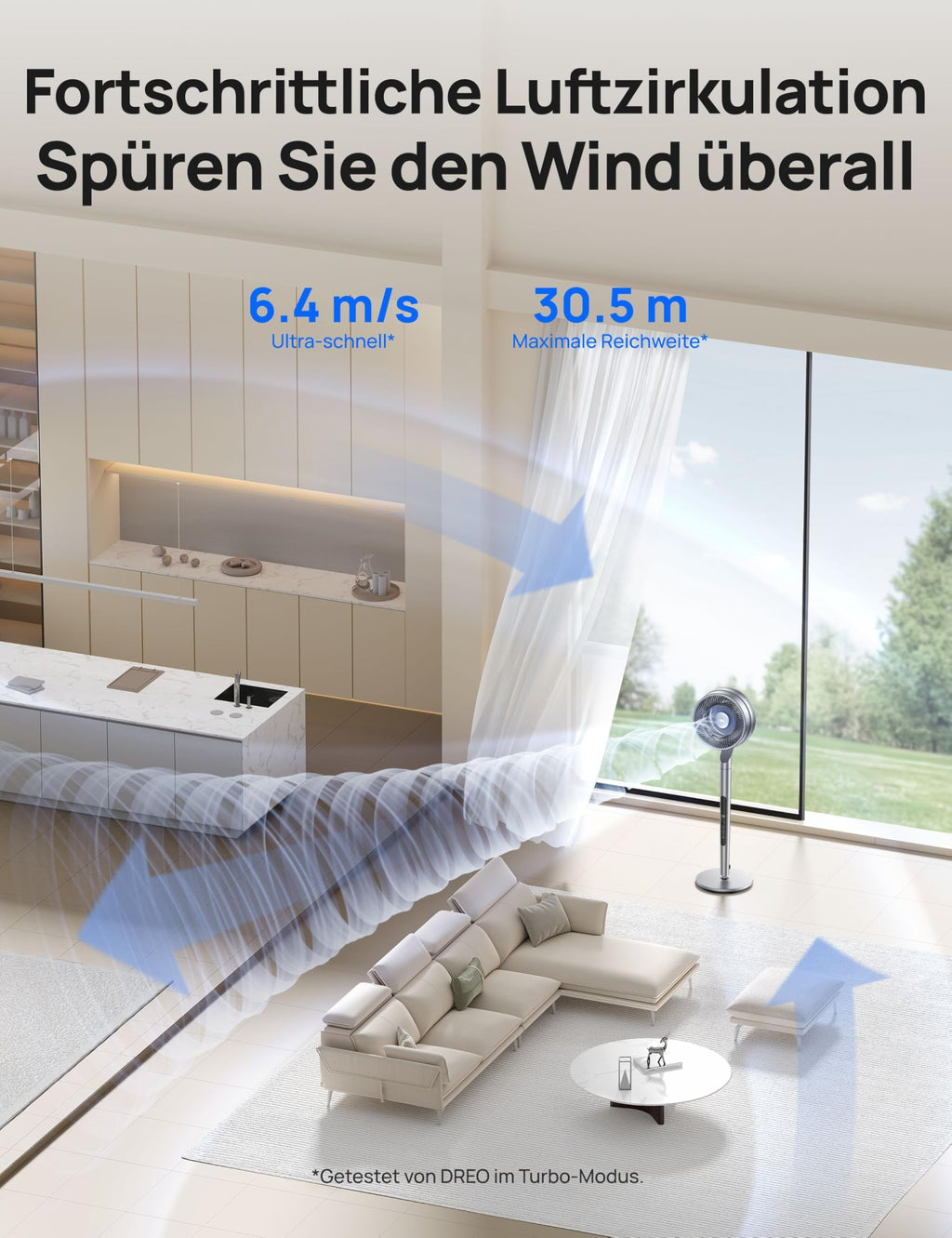 Dreo Standventilator mit intelligenter Steuerung, 101,6–111,8 cm höhenverstellbar, DC leiser Ventilator für Schlafzimmer, 120°+85° omnidirektionaler oszillierender Ventilator, 30,5 m Luftstrom, 10