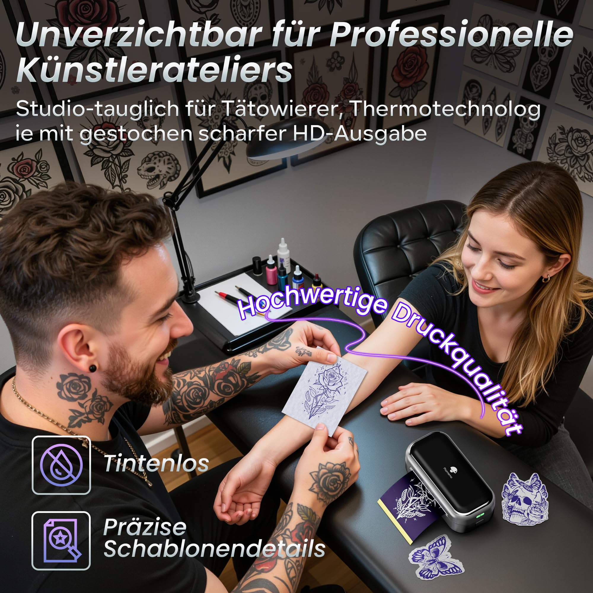 Phomemo TP31 Tattoo Drucker, Aufgerüstet Mini Tattoo Stencil Drucker 3 Zoll, Tattoodrucker mit 30pcs Papier für Anfänger, Tätowierer, Tattoo Printer Bluetooth Kompatibel mit Smartphone, Tablet