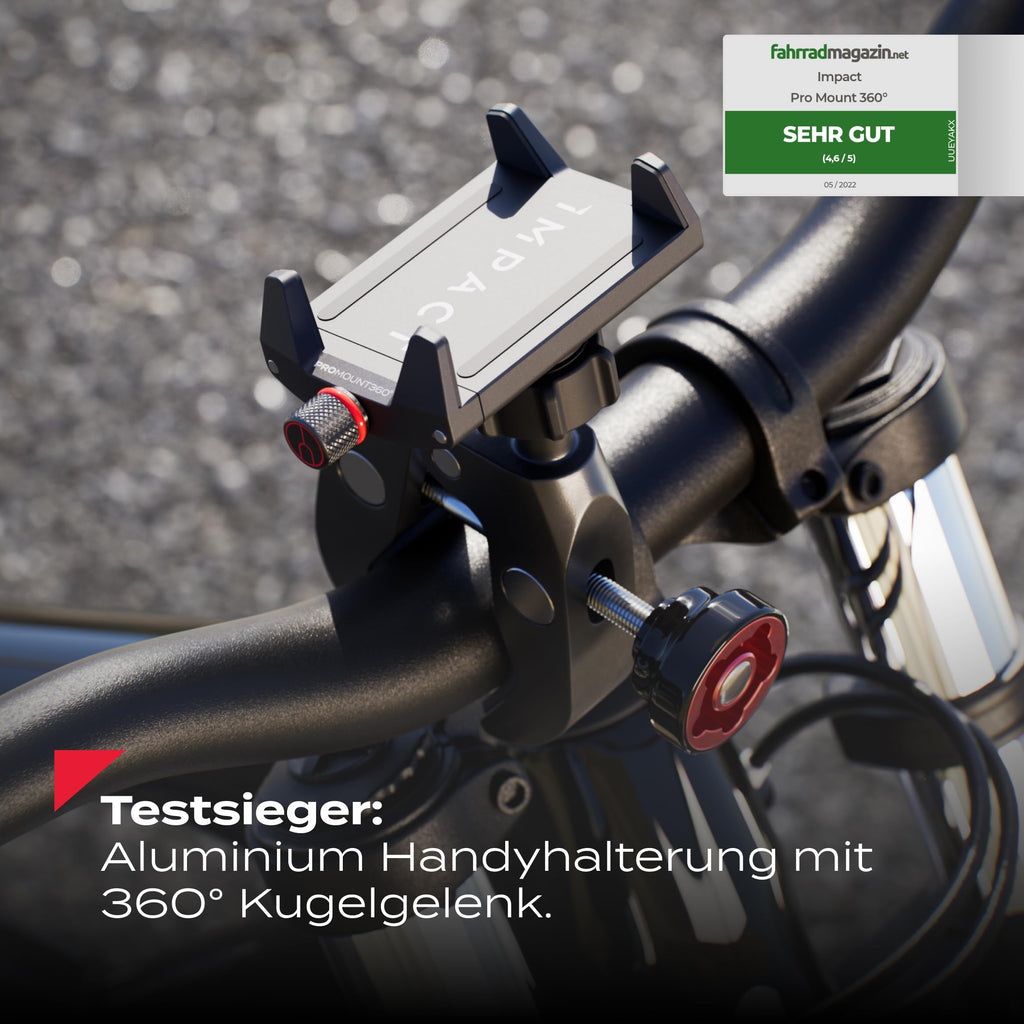 Impact® Pro Mount 360° Handyhalterung Fahrrad mit Universal Halterung - Handyhalter [Smartphone KOMPATIBEL 4 bis 7 Zoll] - Handyhalterung für Fahrrad Lenker mit Kugelgelenk & Sicherheitsgummi