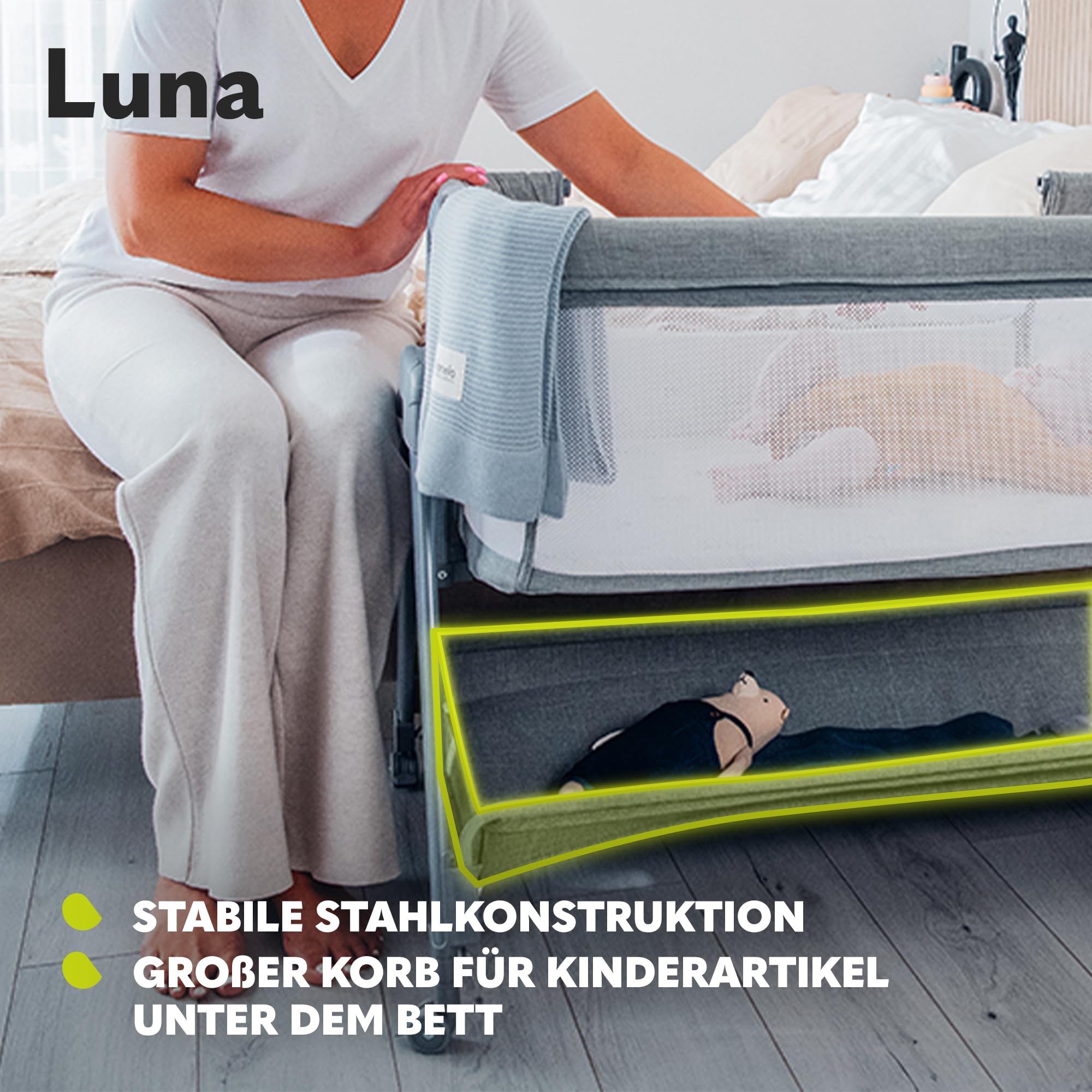 Lionelo Luna EIN tragbares Beistellbett mit Einer Matratze, reisebett, von Neugeboren bis 9 kg, in der Höhe und der Neigung verstellbar, 4 Rädern mit Bremse, Befestigung zum Elternbett (Beige)