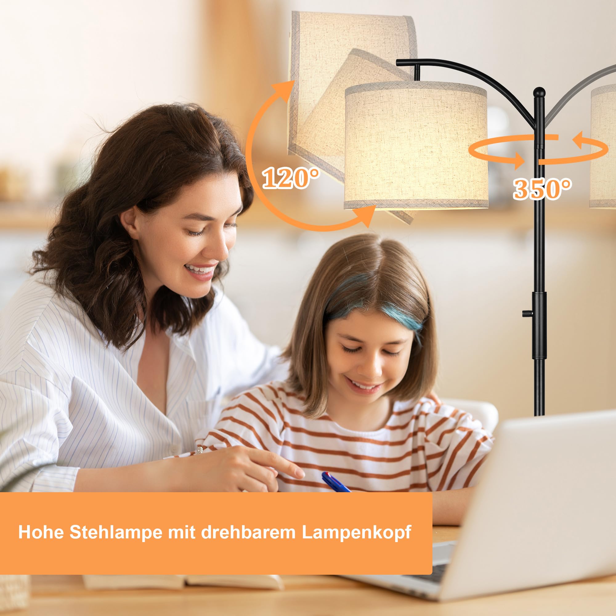 ROTTOGOON Dimmbare Stehleuchte Bogen Stehlampen für Wohnzimmer Stufenlos Dimmbare Moderne Stehlampe mit Leinenschirm Hohe Lampe für Schlafzimmer Büro Esszimmer- Schwarz
