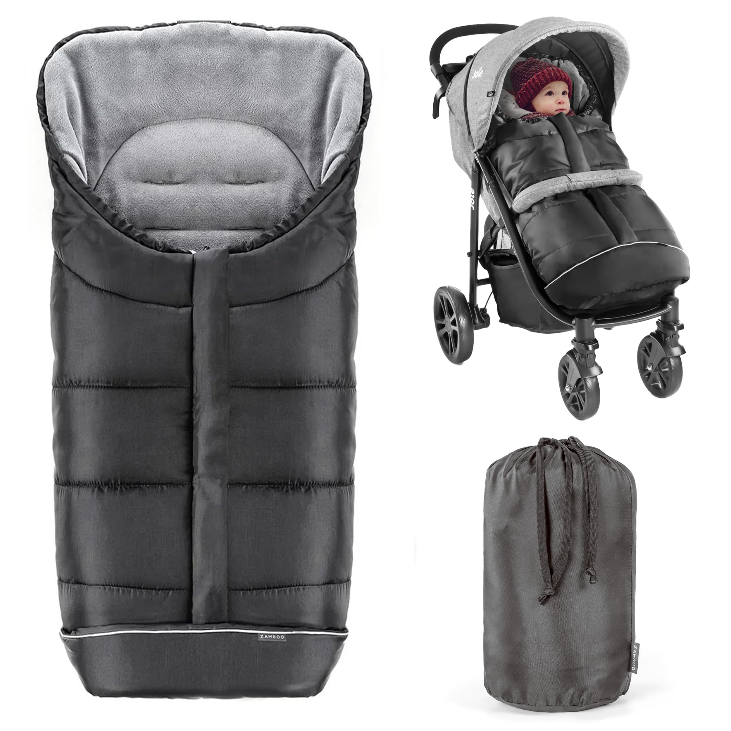 Zamboo Fußsack für Joie Buggy Sportwagen (passend für Litetrax, Mytrax, Chrome) - Winterfußsack für Kinderwagen, mit Reflektor, Kapuzenfunktion & Tasche - Schwarz