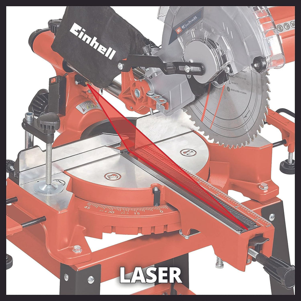 Einhell Zug-Kapp-Gehrungssäge TC-SM 2531/2 U (1900 W, max. 70 mm x 310 mm Schnitttiefe/-breite, Ø 254 mm Sägeblatt, Untergestell, neigbarer Sägekopf, Zugfunktion, Laser)