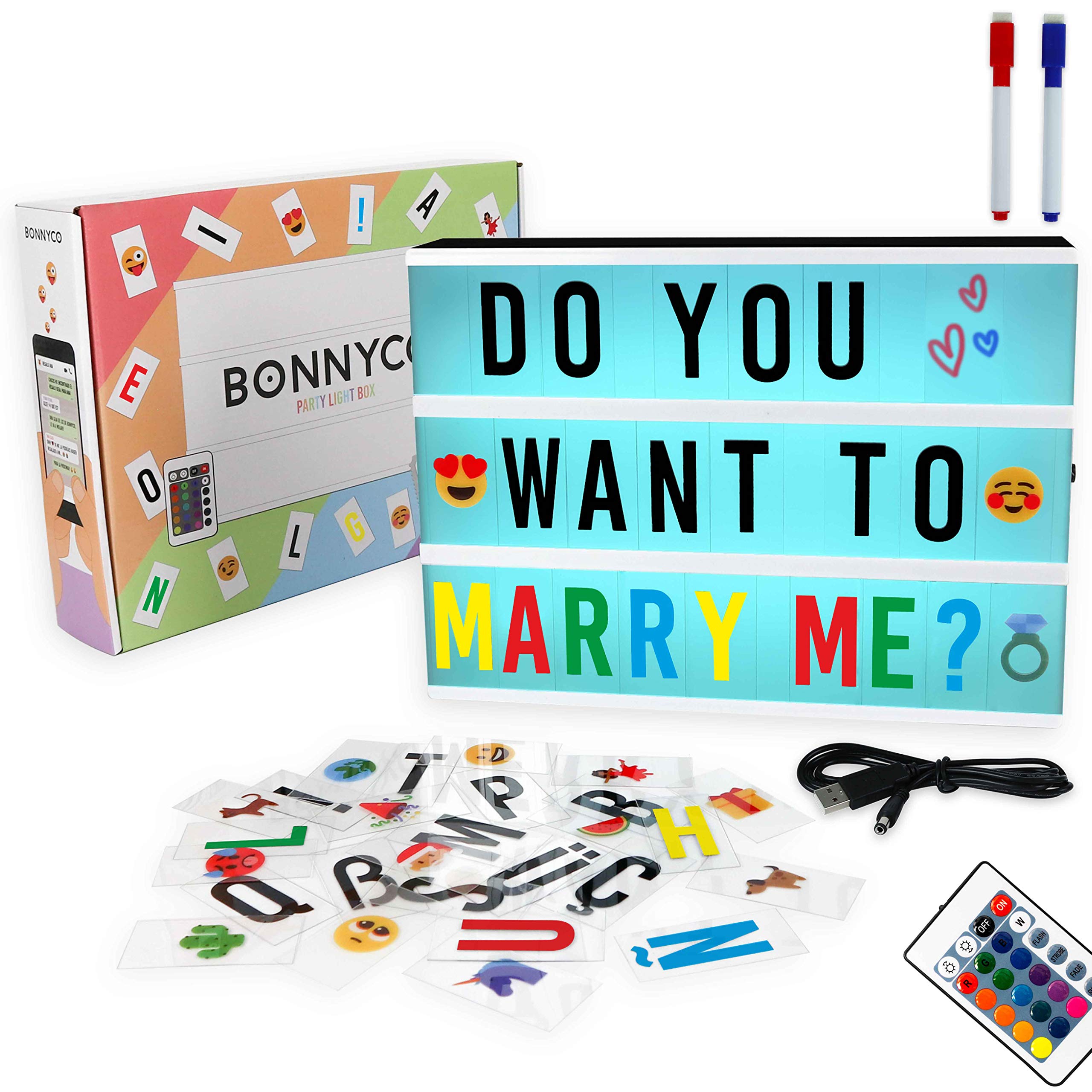 BONNYCO Light Box mit Farbwechsel, 400 Buchstaben, Emojis, 2 Stifte, USB, Ä Ö Ü ß Enthalten. Led Lichtkasten Buchstaben 16 Farben mit Programme, Led Leuchtkasten Schlafzimmer Wohnzimmer Deko Geschenk