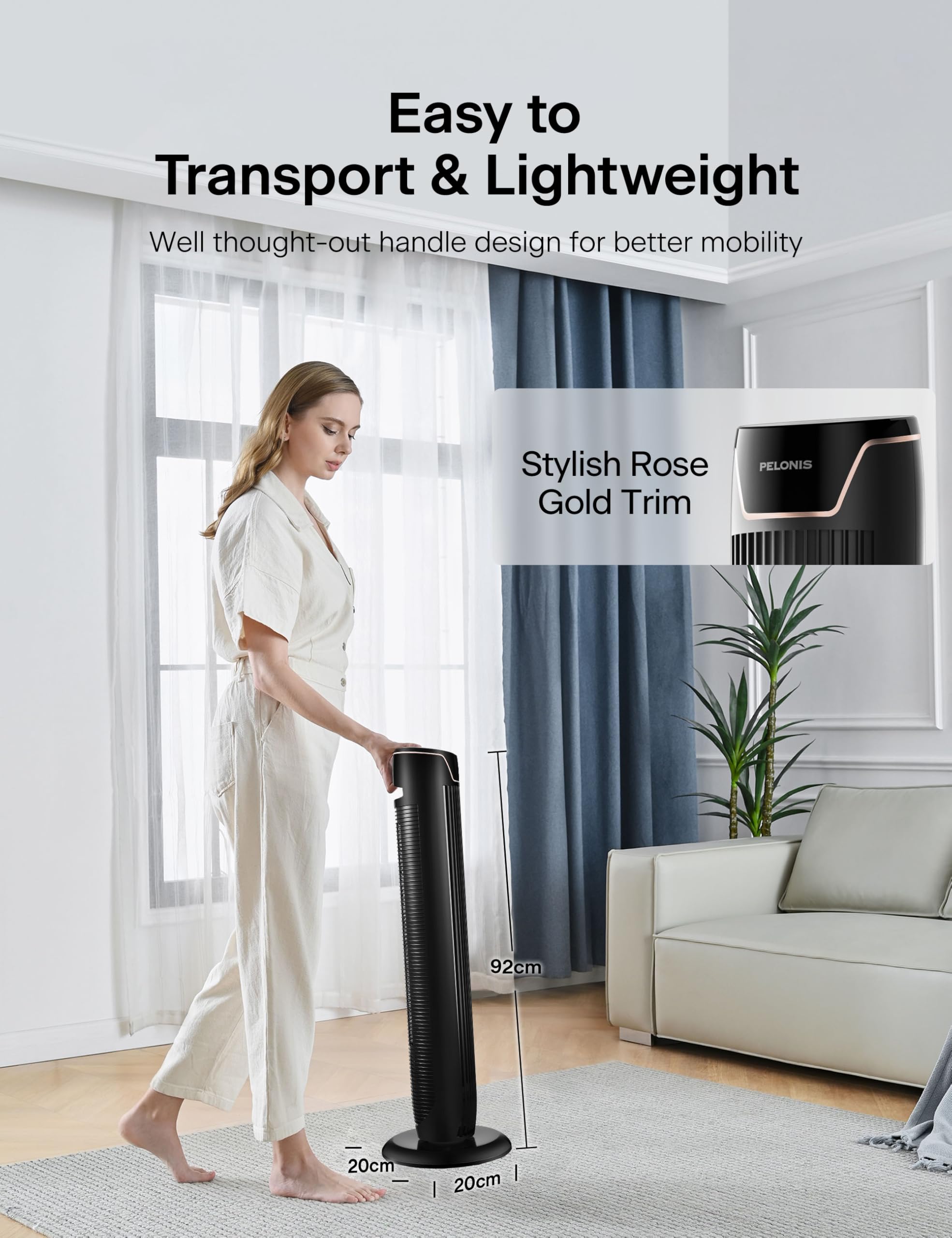 PELONIS Turmventilator mit Fernbedienung - 5 Geschwindigkeitsstufen & 4 Modi (AI/Nacht/Naturwind) 9H Timer, LED-Display mit Speicherfunktion - Energiesparender Ventilator für Büro Schlafzimmer