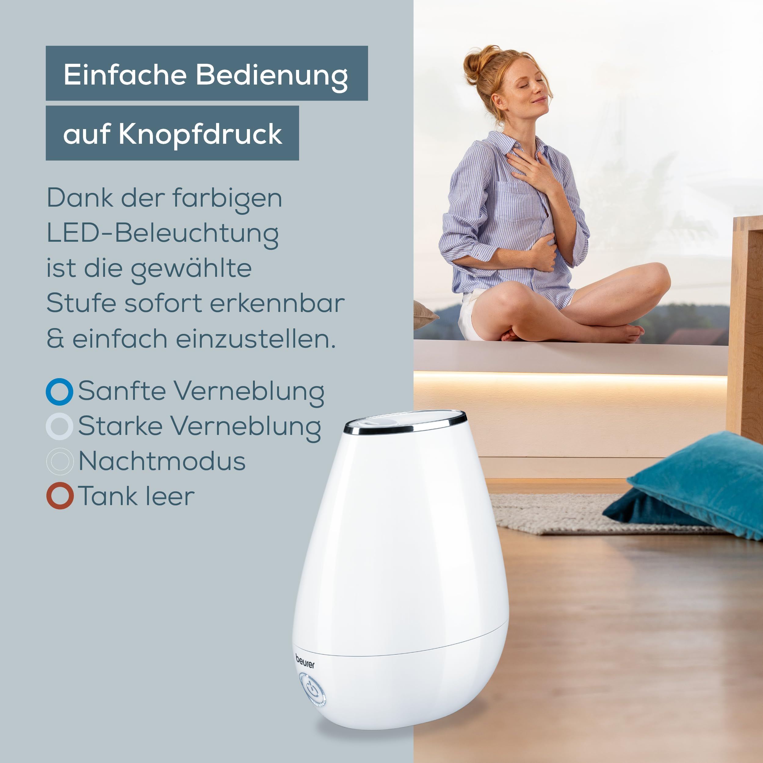 Beurer LB 37 Luftbefeuchter mit Ultraschall-Zerstäubung, inkl. integriertem Aroma Diffuser, Humidifier mit leisem Nachtmodus fürs Schlafzimmer, 2L Tank für Räume bis 20 m², weiß