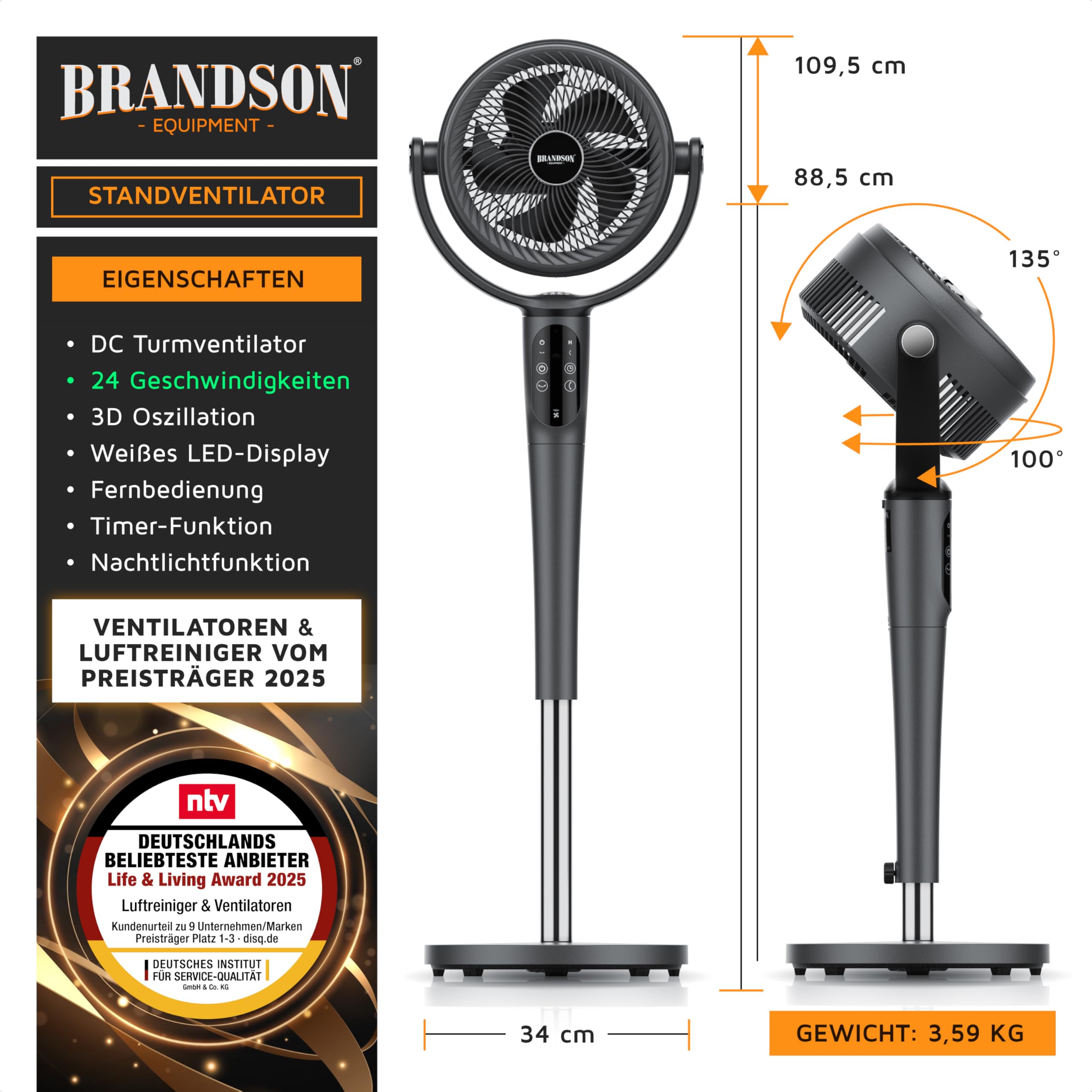 Brandson - Standventilator 3D mit ECO DC Motor – sehr leise – Preisträger 2025-60% Energieeinsparung – Ventilator mit 24 Geschwindigkeiten – horizontale und vertikale Oszillation – Fernbedienung