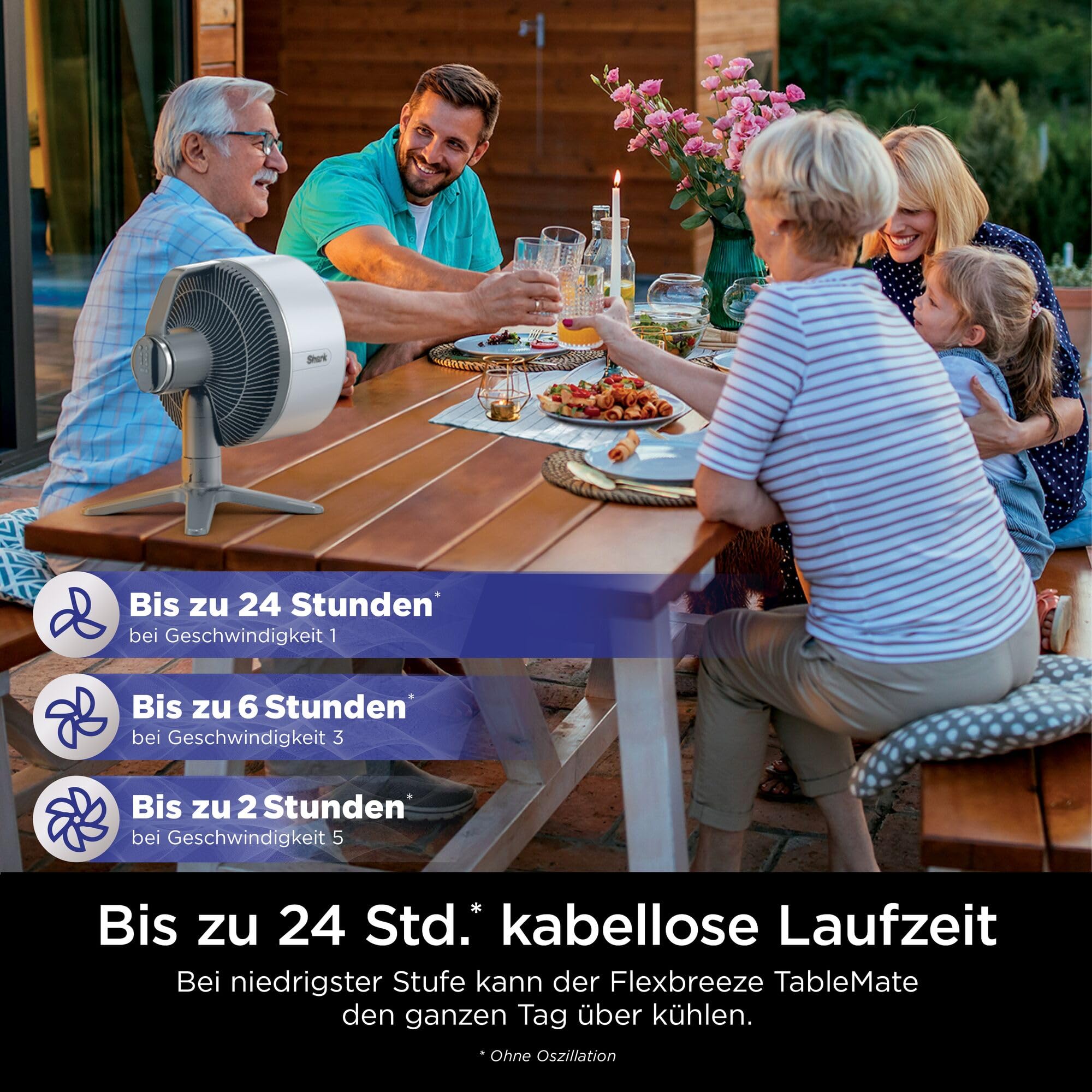 Shark FlexBreeze TableMate Akku-Ventilator, innen & außen, ≤24h Laufzeit, Hochgeschwindigkeits-Kühlung, 20 m Reichweite, leise & langlebig, 5 Geschwindigkeiten, Oszillation, Fernbedienung FA150EU