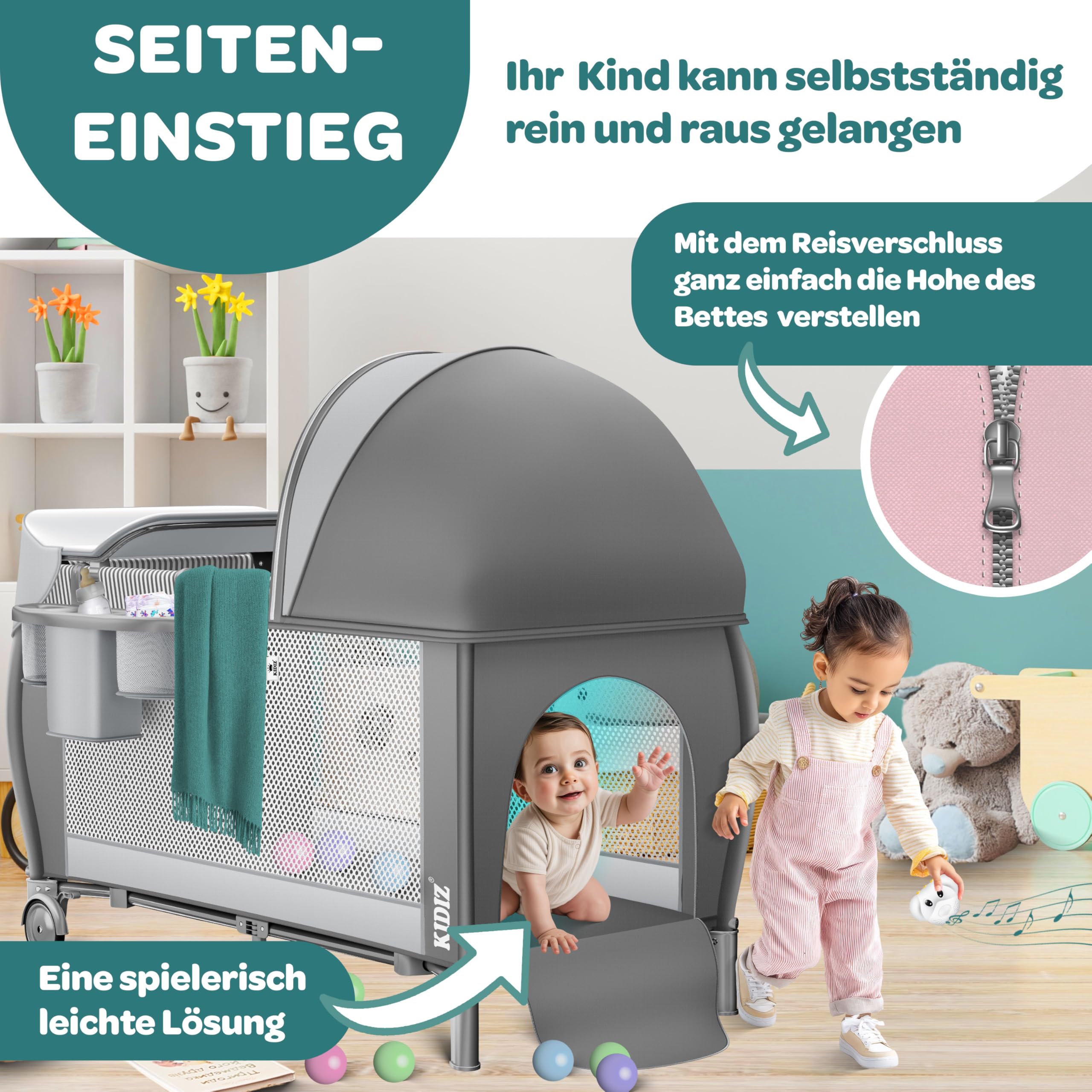 Kidiz® Babybett Reisebett Kinderreisebett klappbar mit Matratze & Räder 120x60, Seiteneingang, Wickelauflage, Moskitonetz & Tragetasche Baby Beistellbett Kinderbett ab Geburt bis 15 kg Grau