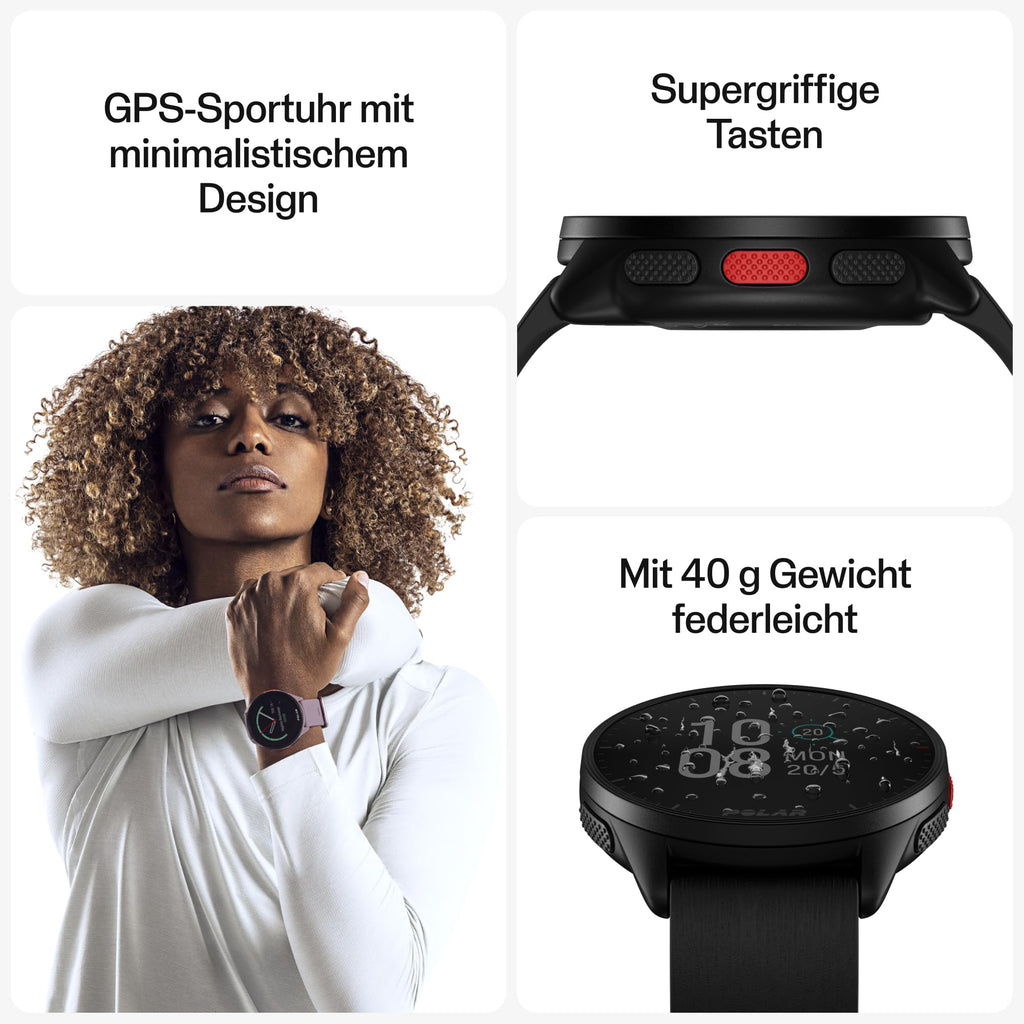 Polar Pacer - GPS-Laufuhr - sehr schneller Prozessor - Ultraleicht - helles Display - griffige Tasten - personalisiertes - Pulsmesser - Musiksteuerung, Night Black, S-L