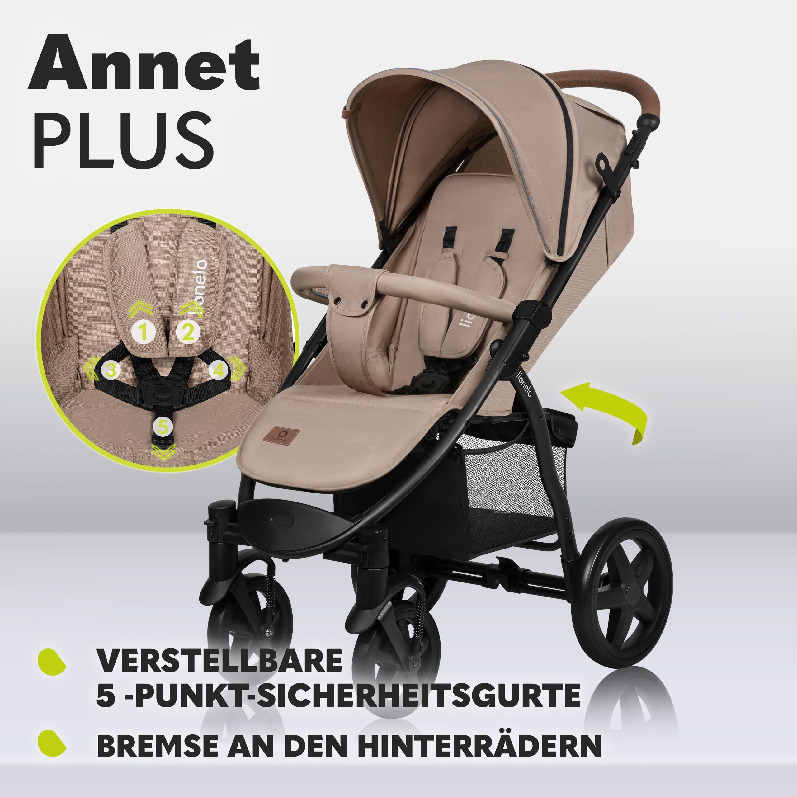 LIONELO Annet Buggy bis 22 kg mit Liegefunktion, Kinderwagen klein zusammenklappbar mit Zubehör, Eva-Schaum-Räder, Moskitonetz, Fußdecke Getränkehalter, Korb