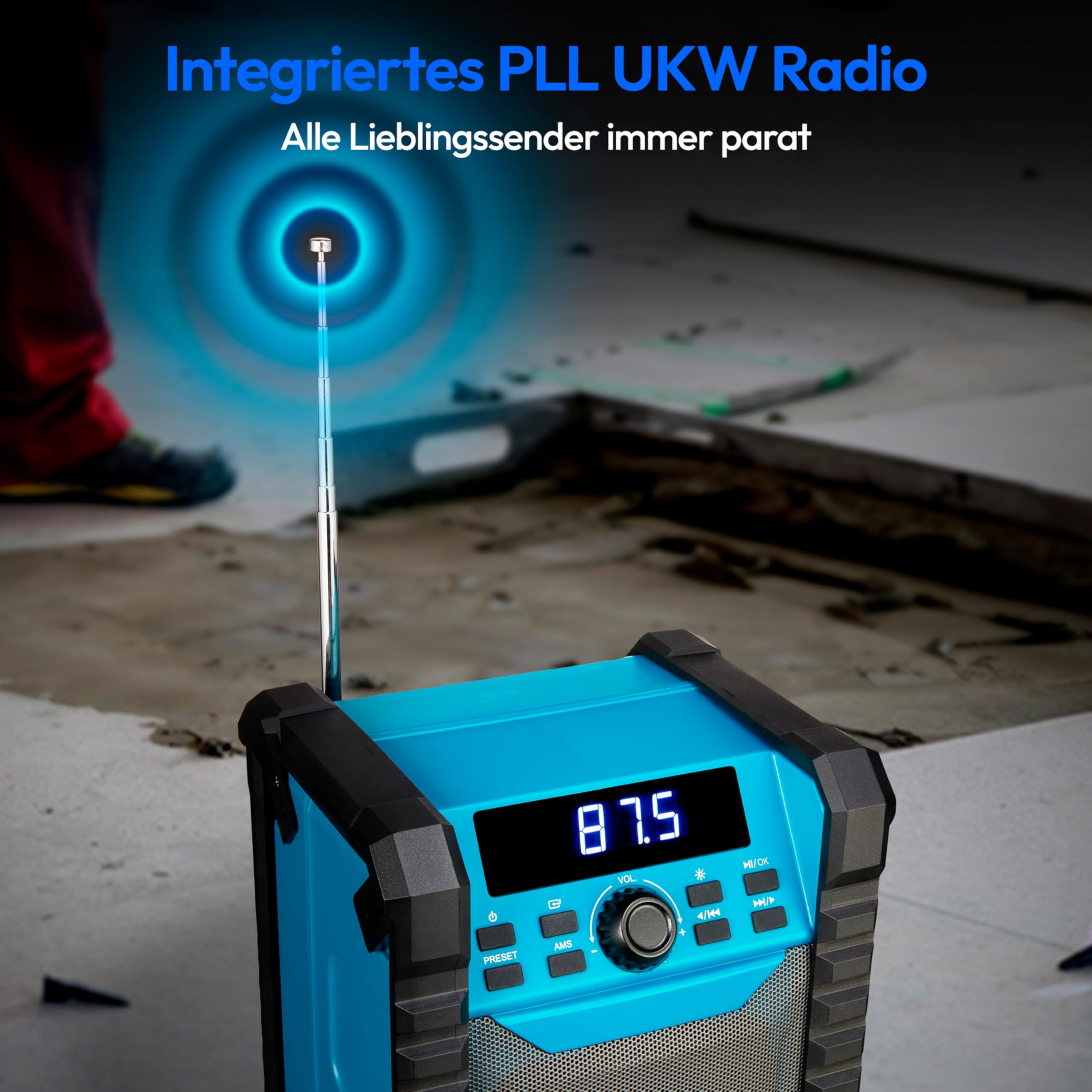 MEDION E65895 Baustellenradio mit Akku (Robustes Gehäuse, Tragegriff, Bluetooth, Spritzwassergeschützt (IP54), UKW Radio, AUX) grün