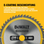 DEWALT 250 x 30 mm Kreissägeblatt (für den Einsatz auf Stationärsägen, nagelfest, 48 Zähne, Wechselzahngeometrie, 10° Zahnwinkel, 3 mm Schnittbreite), DT1957-QZ