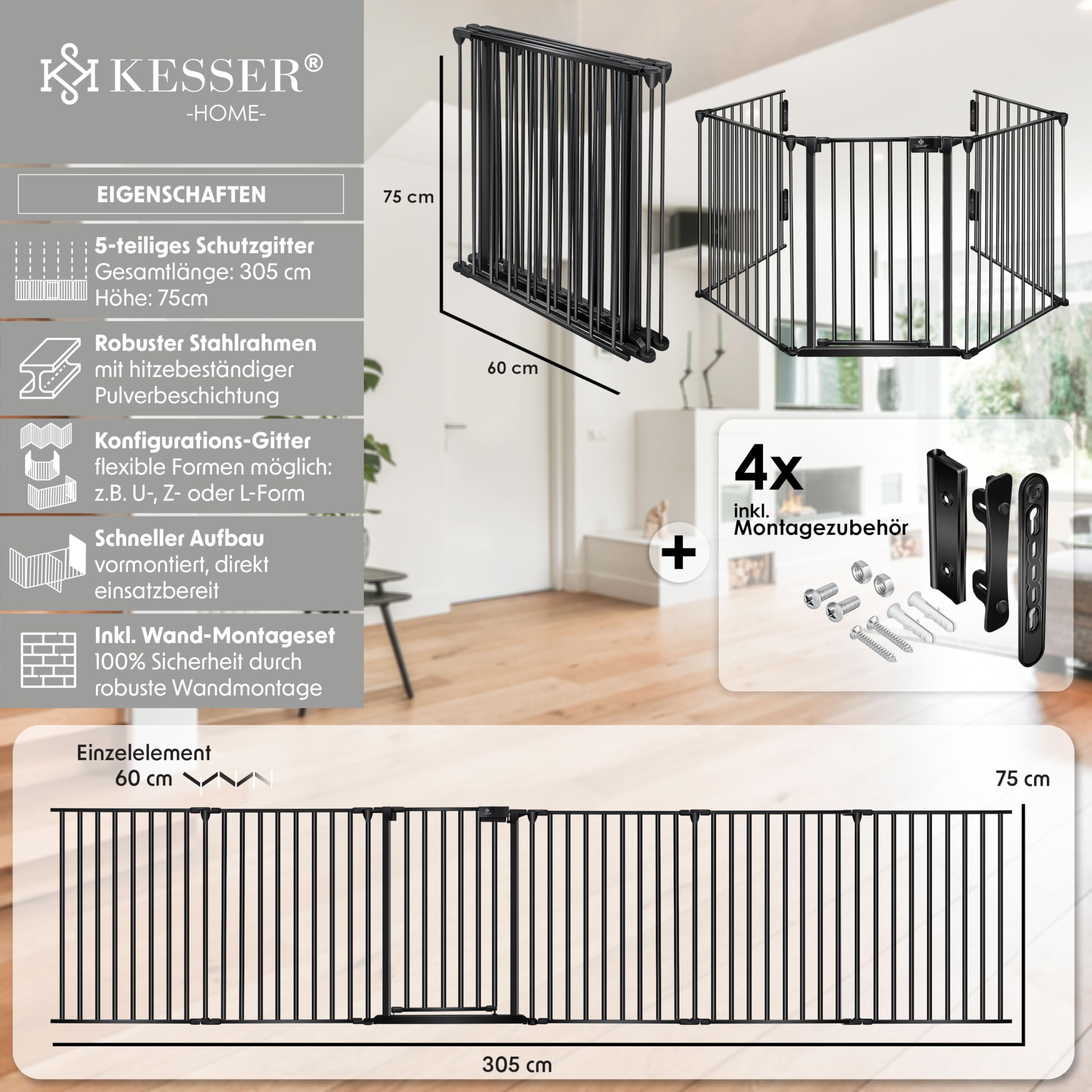 KESSER® Kaminschutzgitter mit Tür 305 cm Metall Ofenschutzgitter Laufgitter Laufstall Absperrgitter Tierschutzgitter Türschutzgitter für Kinder-Sicherung, 5-teilig Elemente (je 60 x 75 cm) Schwarz