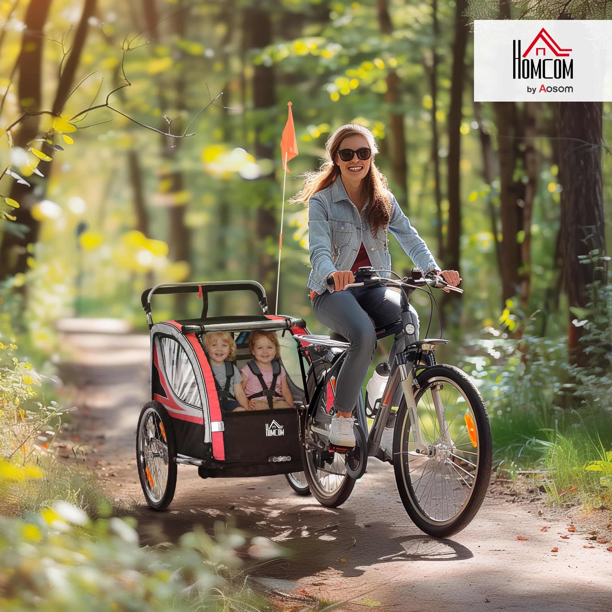 HOMCOM 2 in 1 Kinderanhänger klappbar Fahrradanhänger mit abnehmbarem Vorderrad, Hinterradbremsen, Kinderfahrradanhänger für 2 Kinder ab 18 Monate, bis 26,4 kg belastbar, Rot