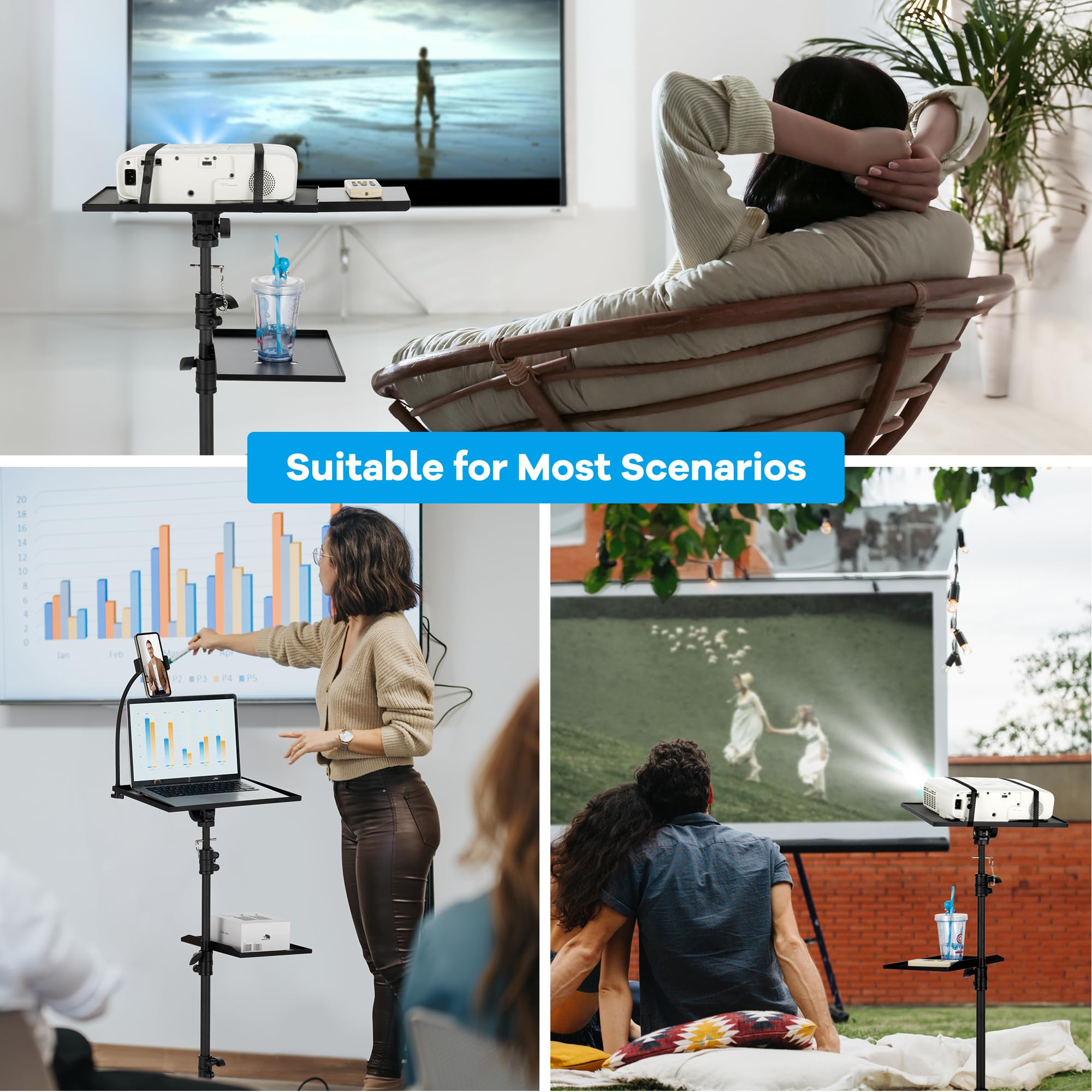 CAHAYA Beamer Ständer: Multifunktionaler Bodenständer mit Omni-Direktionalen Rollen und Tablett, Verstellbarer Höhe Projektor Ständer für Laptop Projektor Kamera Outdoor-Filme