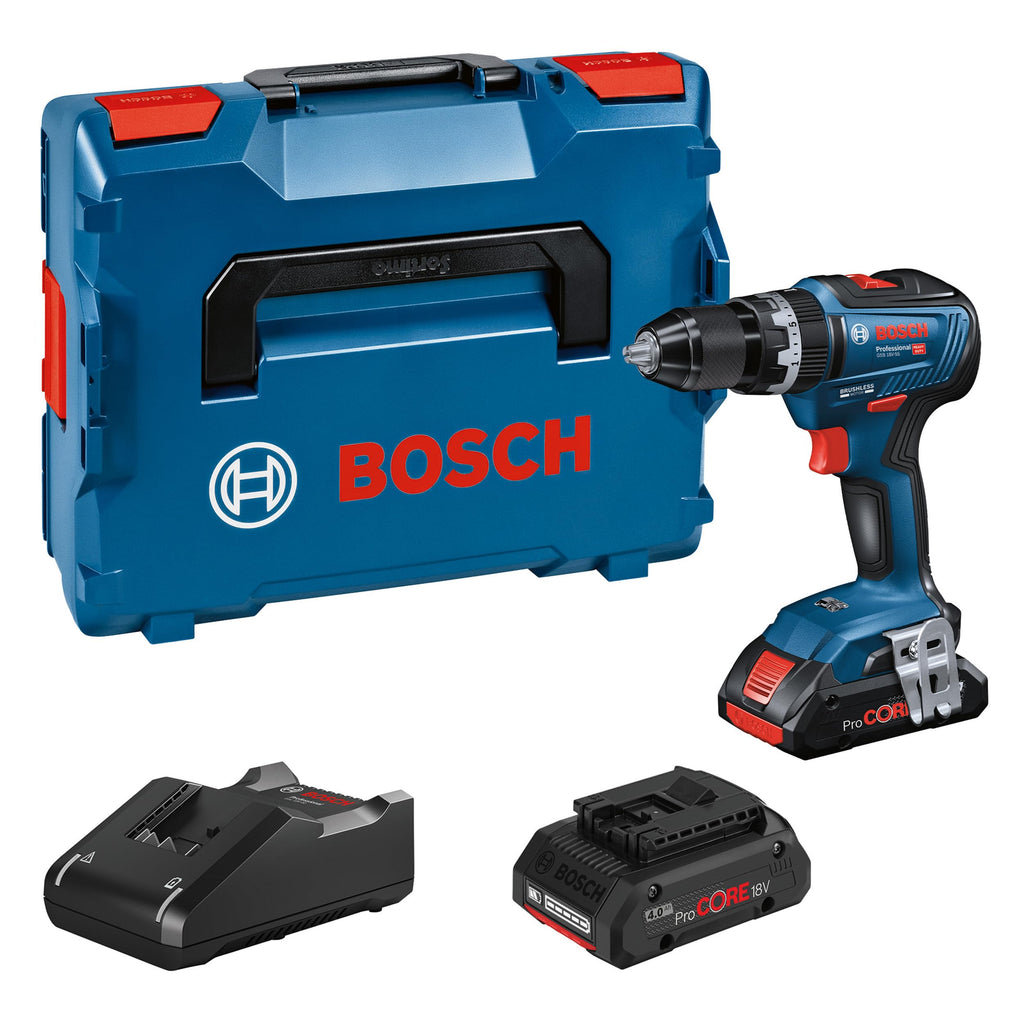 Bosch Professional 18V System Akku Schlagbohrschrauber GSB 18V-55 (max. Drehmoment 55 Nm, inkl. 2x Akku ProCORE18V 4.0Ah, Schnellladegerät GAL 18V-40 Professional, Einlage, L-BOXX)