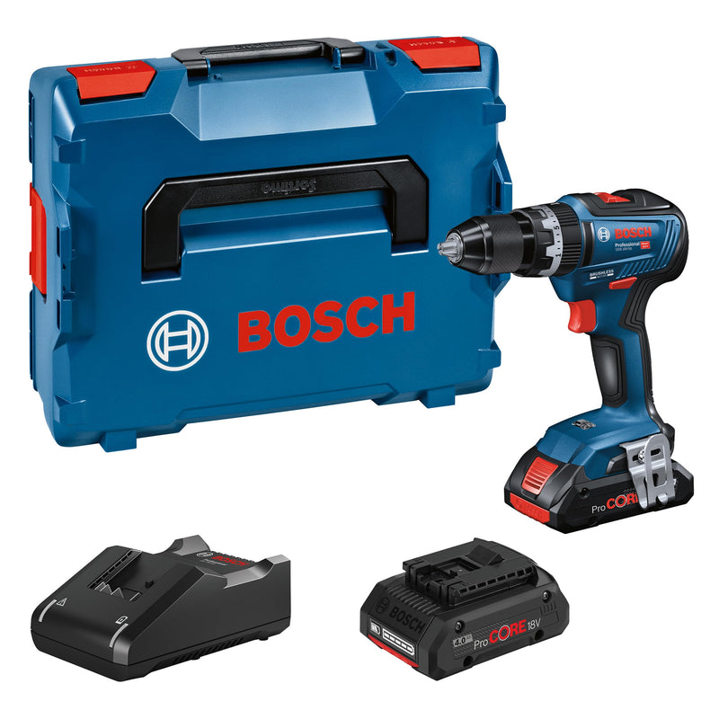 Bosch Professional 18V System Akku Schlagbohrschrauber GSB 18V-55 (max. Drehmoment 55 Nm, inkl. 2x Akku ProCORE18V 4.0Ah, Schnellladegerät GAL 18V-40 Professional, Einlage, L-BOXX)